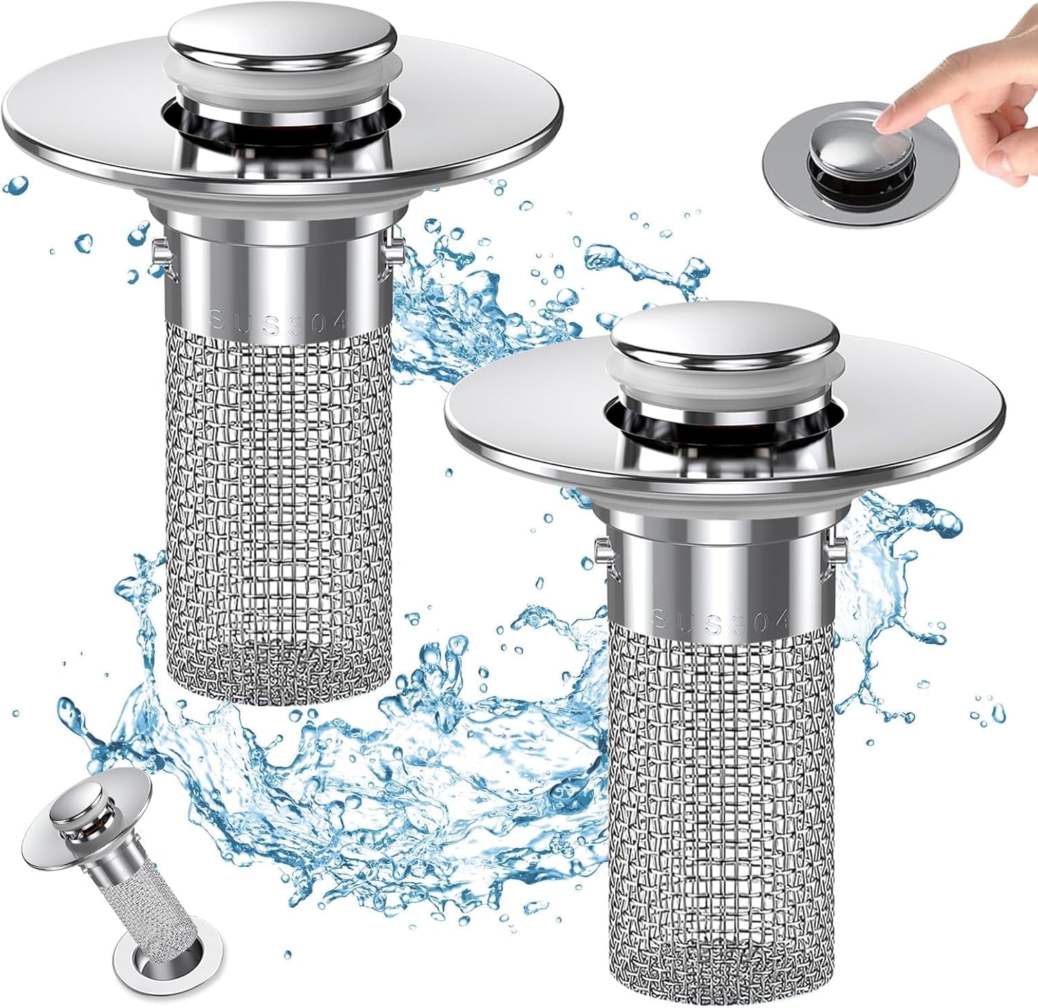 Bathroom Sink Drain Stopper - Pop Up Drain Plug with 2 Replacement Filters Basket, Removable Stainless Steel Floor Drain Filter, Anti Clogging Sink Strainer Hair Catcher for Washroom (Silver) - Image 1