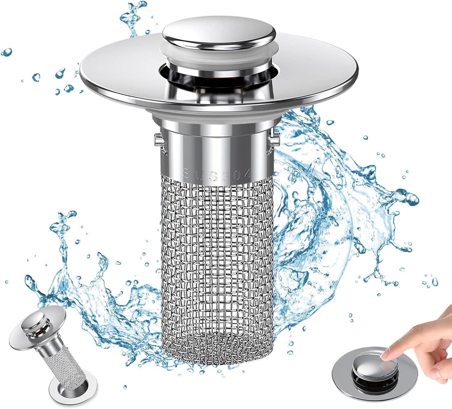 Bathroom Sink Drain Stopper - Pop Up Drain Plug with 2 Replacement Filters Basket, Removable Stainless Steel Floor Drain Filter, Anti Clogging Sink Strainer Hair Catcher for Washroom (Silver) - Image 2