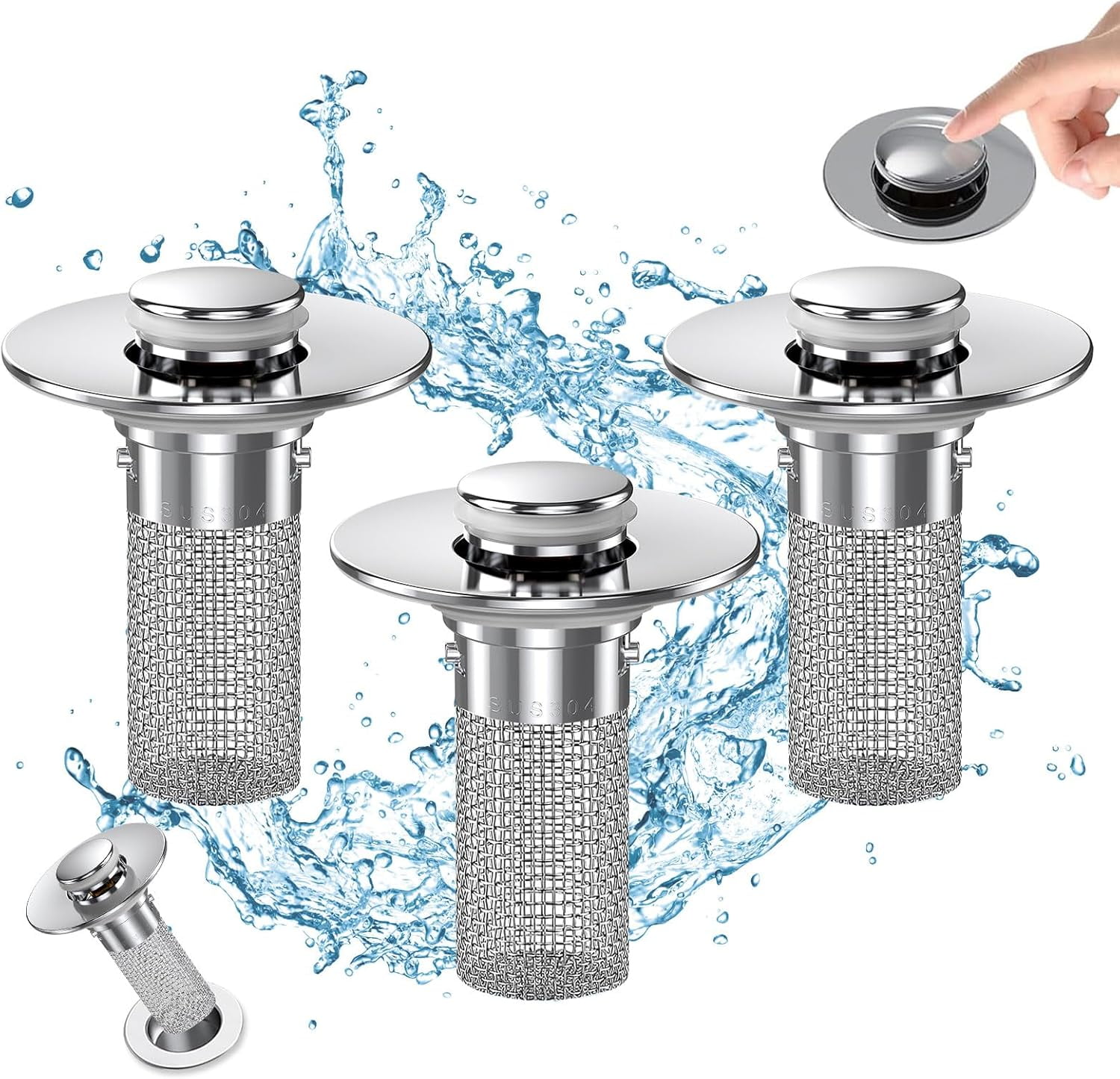 Bathroom Sink Drain Stopper - Pop Up Drain Plug with 2 Replacement Filters Basket, Removable Stainless Steel Floor Drain Filter, Anti Clogging Sink Strainer Hair Catcher for Washroom (Silver) - Image 5