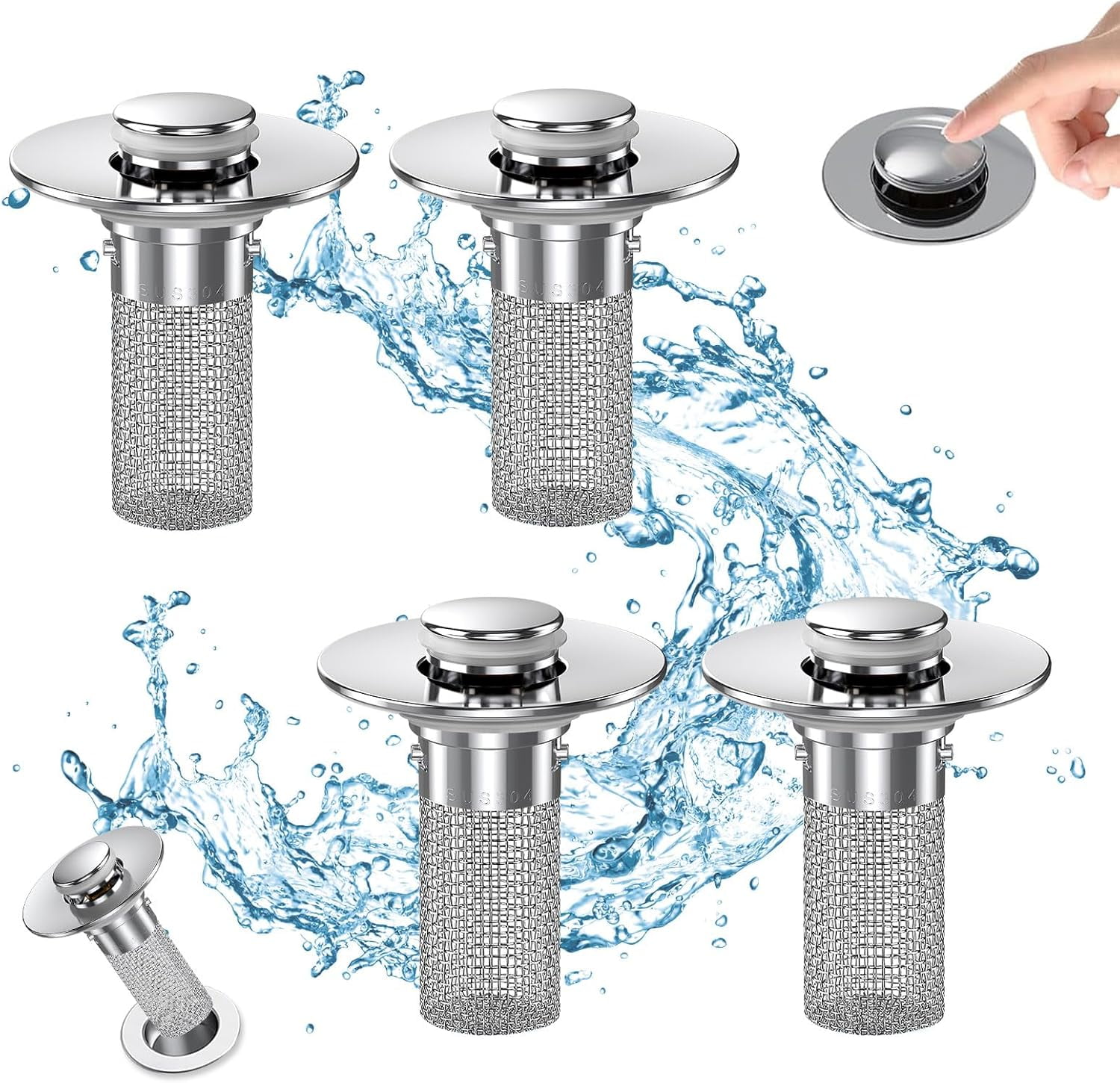 Bathroom Sink Drain Stopper - Pop Up Drain Plug with 2 Replacement Filters Basket, Removable Stainless Steel Floor Drain Filter, Anti Clogging Sink Strainer Hair Catcher for Washroom (Silver) - Image 7