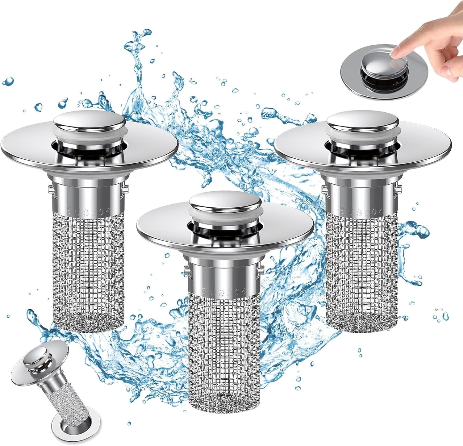 Bathroom Sink Drain Stopper - Pop Up Drain Plug with 3 Replacement Filters Basket, Removable Stainless Steel Floor Drain Filter, Anti Clogging Sink Strainer Hair Catcher for Washroom (Silver) - Image 1