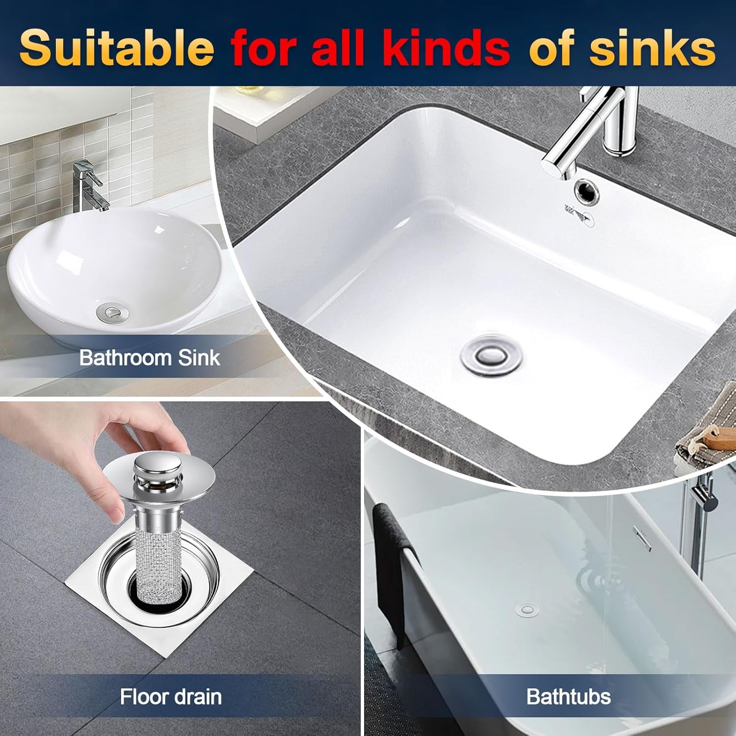 Bathroom Sink Drain Stopper - Pop Up Drain Plug with 3 Replacement Filters Basket, Removable Stainless Steel Floor Drain Filter, Anti Clogging Sink Strainer Hair Catcher for Washroom (Silver) - Image 7