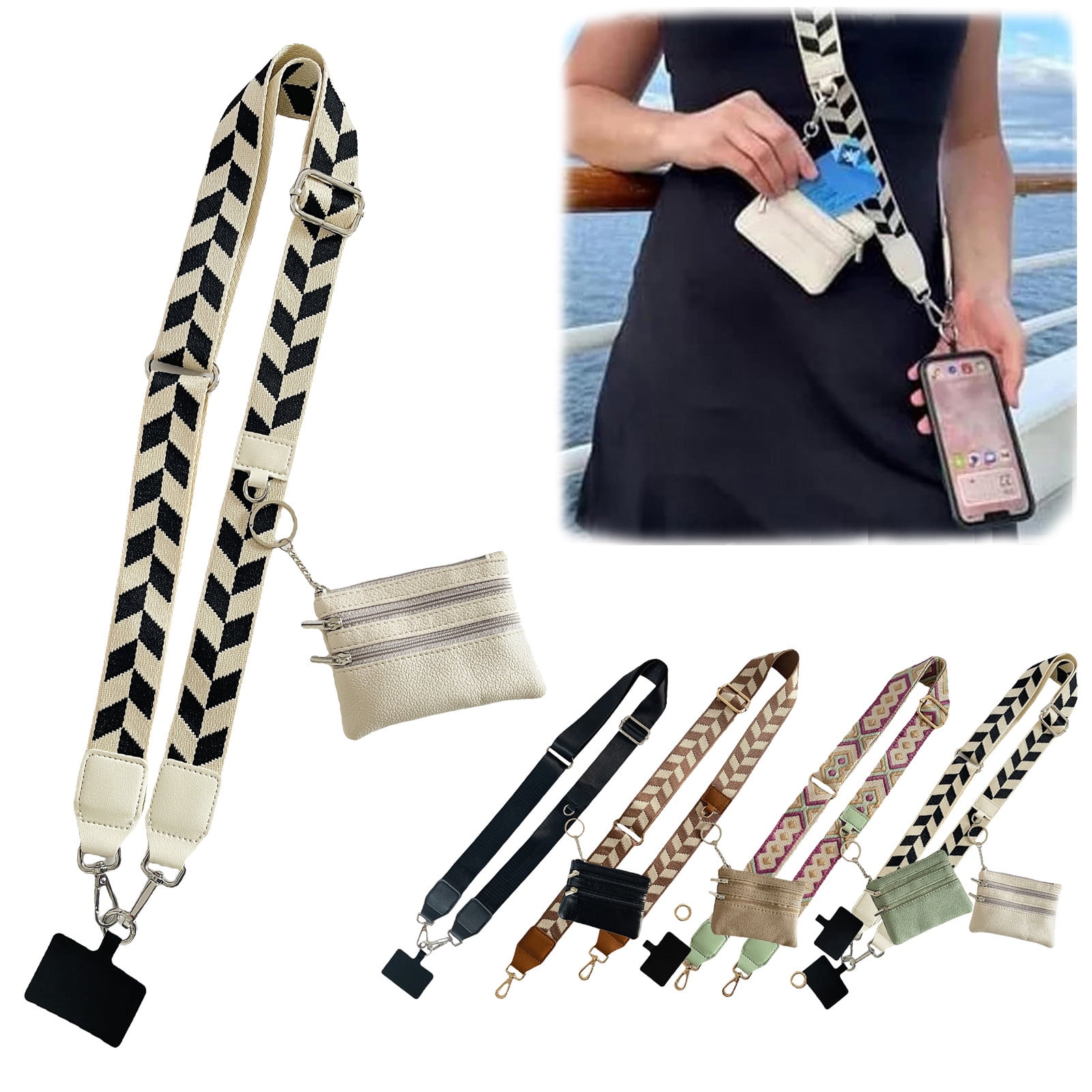 Clip and Go Phone Strap with Zipper Pouch,Crossbody Adjustable Chain Lanyard with PU Leather Wallet for All Phones Beige - Image 2