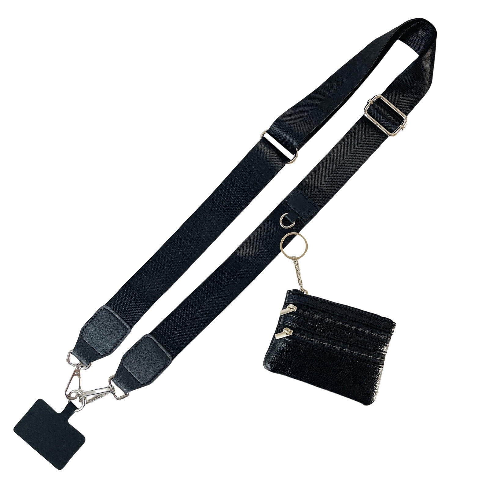 Clip and Go Phone Strap with Zipper Pouch,Crossbody Adjustable Chain Lanyard with PU Leather Wallet for All Phones Black - Image 1