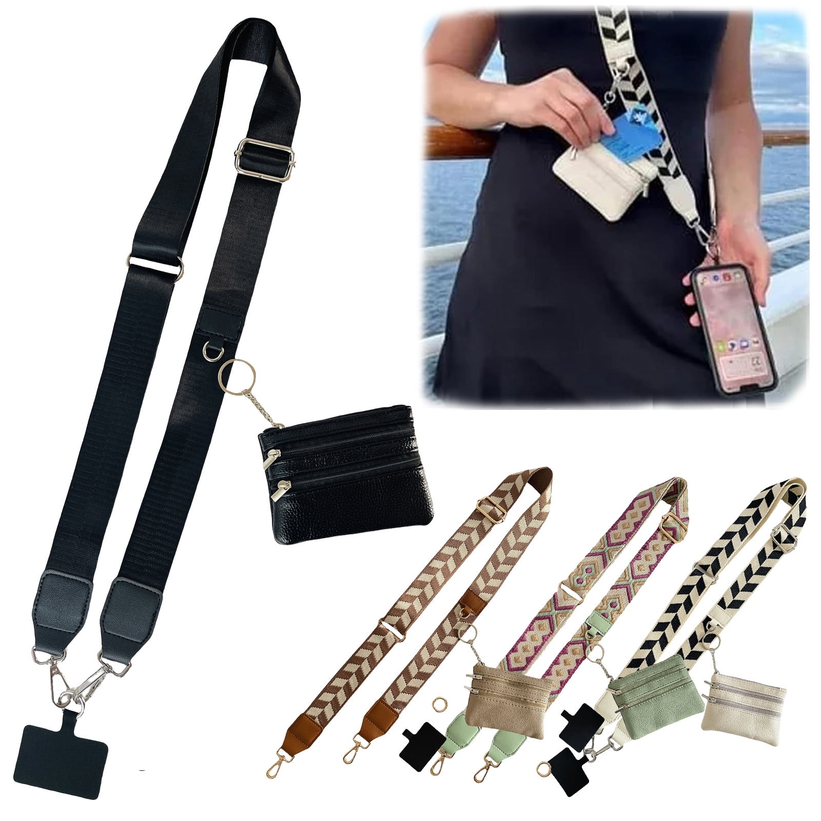 Clip and Go Phone Strap with Zipper Pouch,Crossbody Adjustable Chain Lanyard with PU Leather Wallet for All Phones Black-2pcs - Image 2