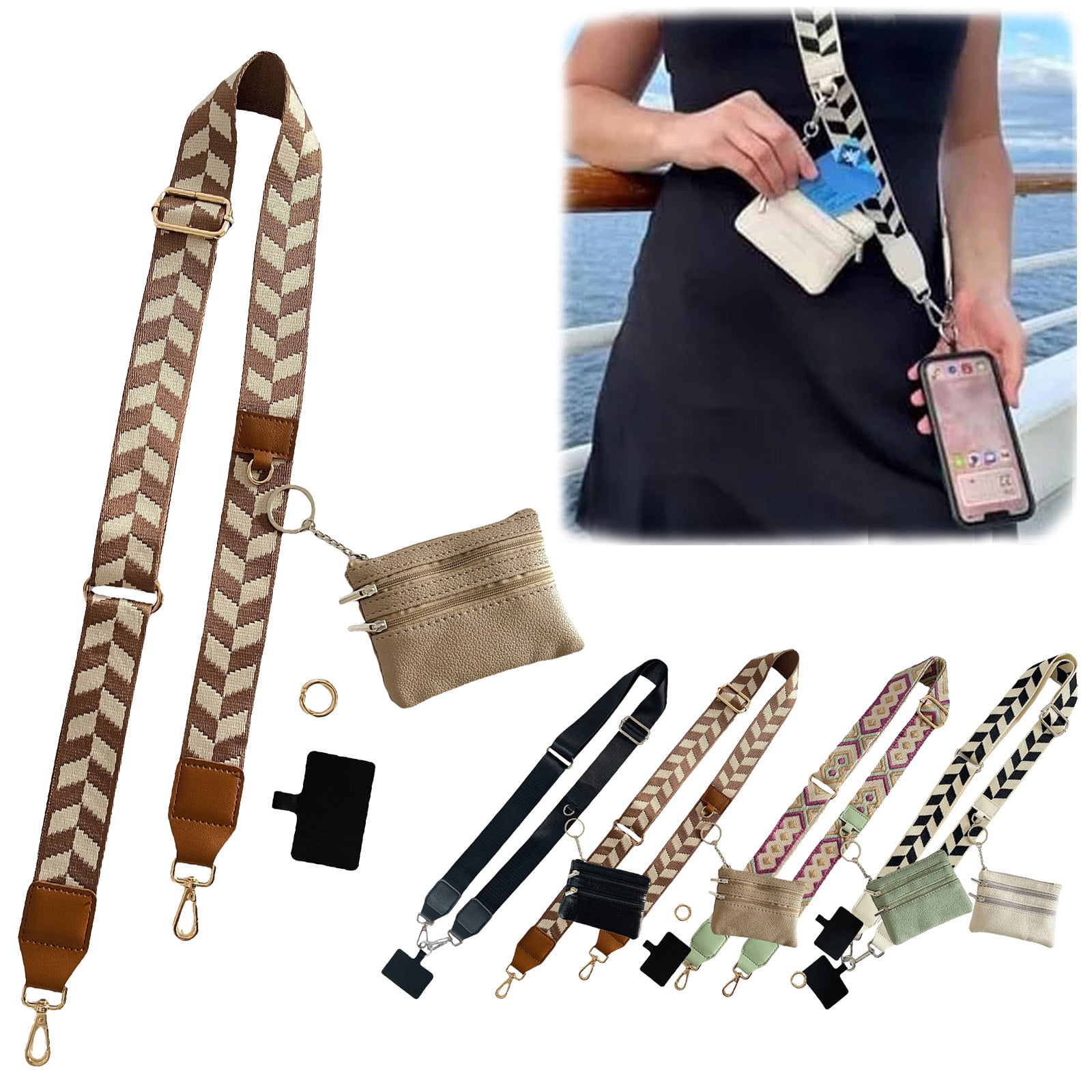 Clip and Go Phone Strap with Zipper Pouch,Crossbody Adjustable Chain Lanyard with PU Leather Wallet for All Phones Brown - Image 2