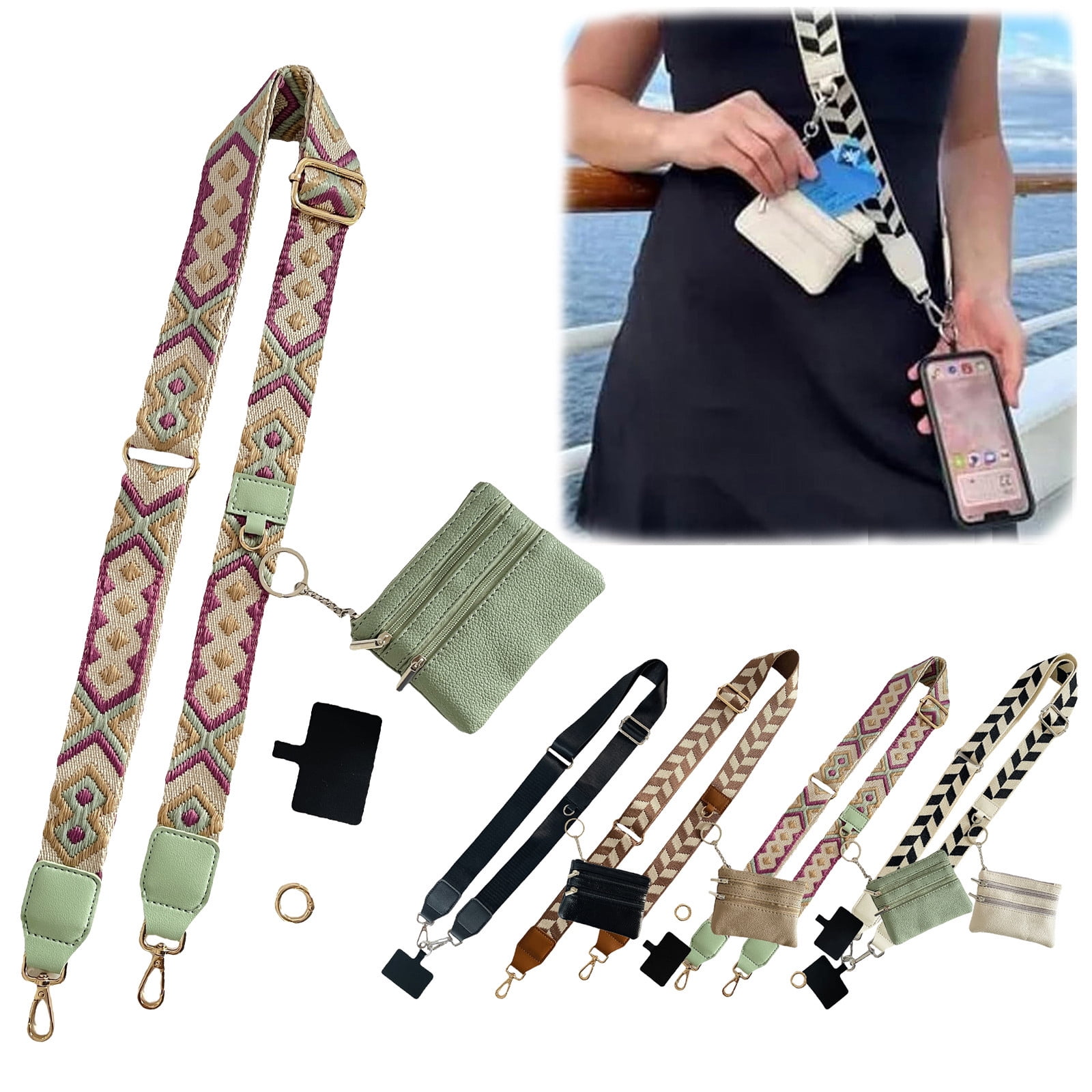 Clip and Go Phone Strap with Zipper Pouch,Crossbody Adjustable Chain Lanyard with PU Leather Wallet for All Phones Light Green - Image 2