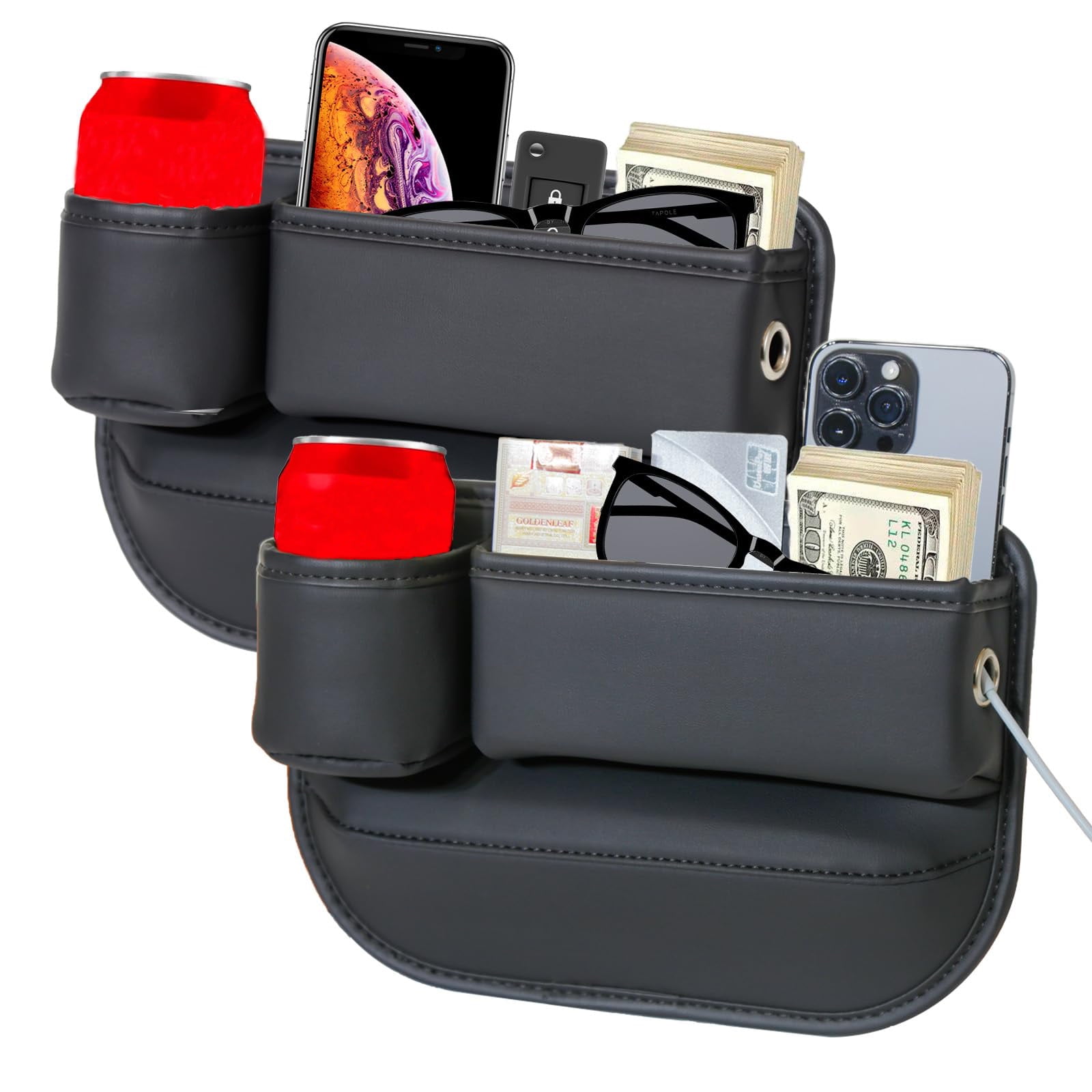 DEIKAL 2 Pack Car Leather Cup Holder Gap Bag - Car Seat Gap Filler & Organizer, Adjustable Seat Gap Storage Box for Phones, Glasses, Keys, Cards - Image 1