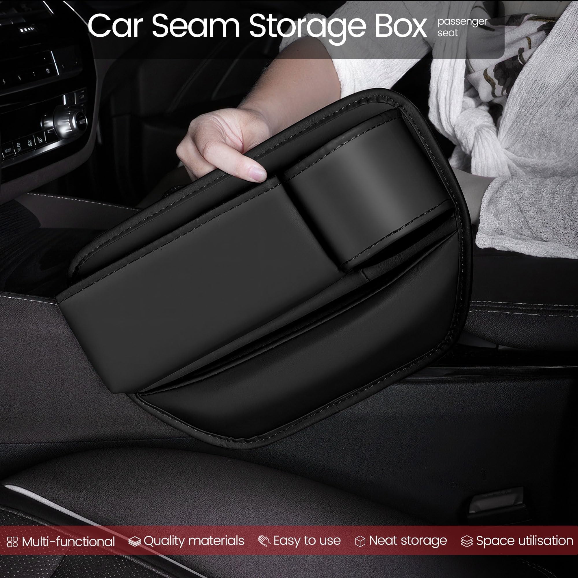 DEIKAL 2 Pack Car Leather Cup Holder Gap Bag - Car Seat Gap Filler & Organizer, Adjustable Seat Gap Storage Box for Phones, Glasses, Keys, Cards - Image 2