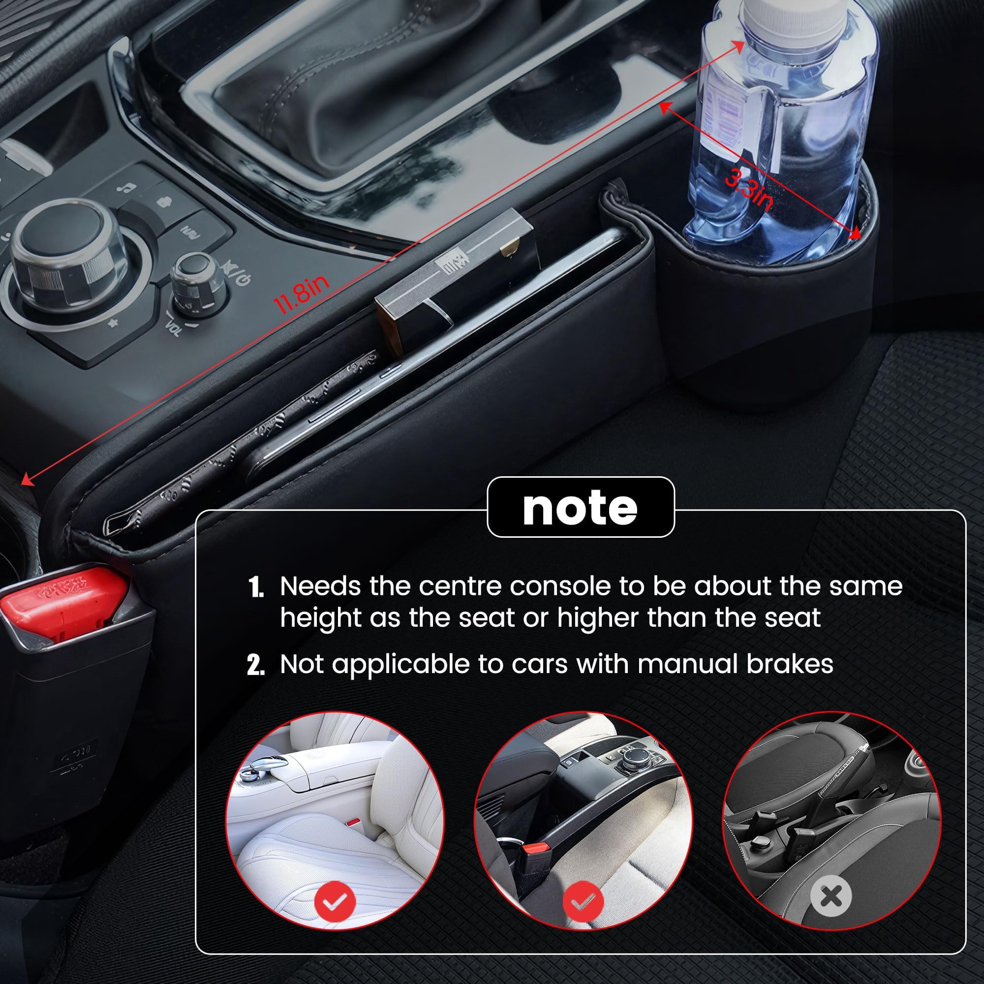 DEIKAL 2 Pack Car Leather Cup Holder Gap Bag - Car Seat Gap Filler & Organizer, Adjustable Seat Gap Storage Box for Phones, Glasses, Keys, Cards - Image 4