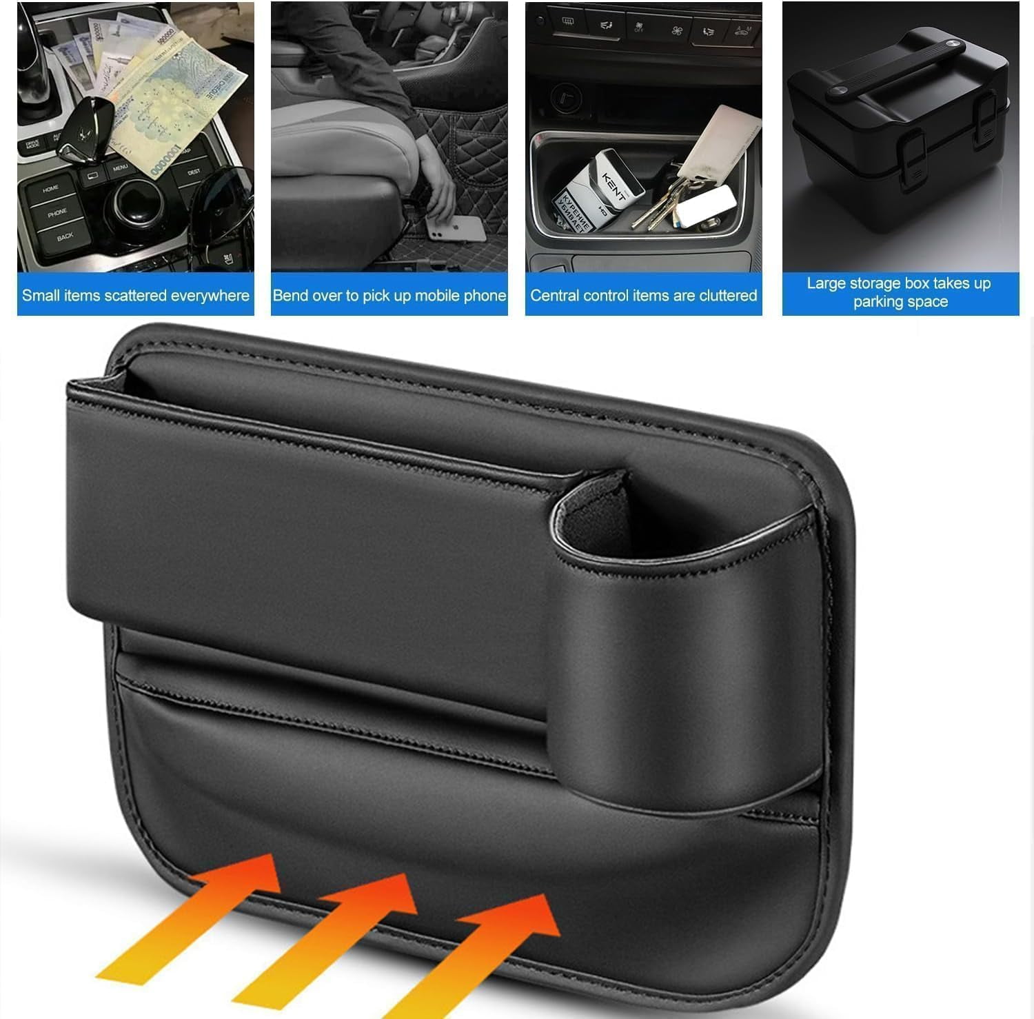DEIKAL 2 Pack Car Leather Cup Holder Gap Bag - Car Seat Gap Filler & Organizer, Adjustable Seat Gap Storage Box for Phones, Glasses, Keys, Cards - Image 6