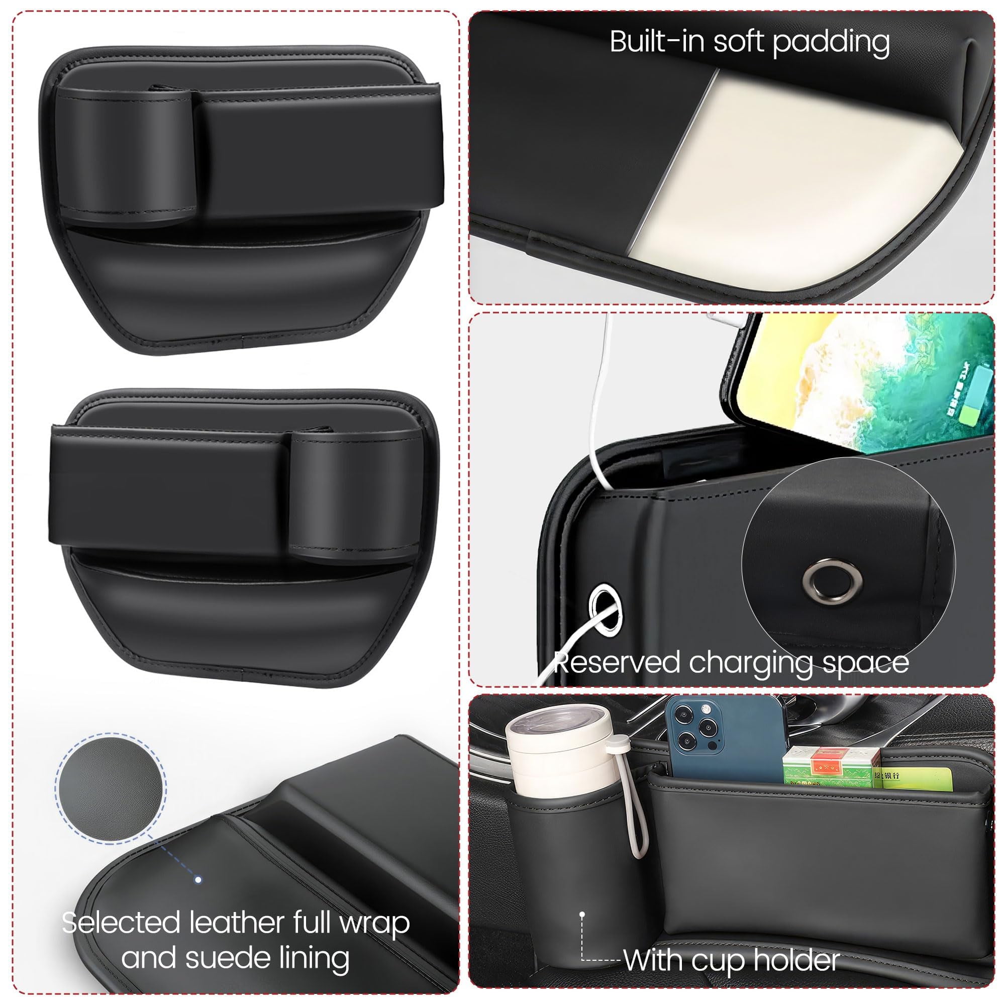 DEIKAL 2 Pack Car Leather Cup Holder Gap Bag - Car Seat Gap Filler & Organizer, Adjustable Seat Gap Storage Box for Phones, Glasses, Keys, Cards - Image 8