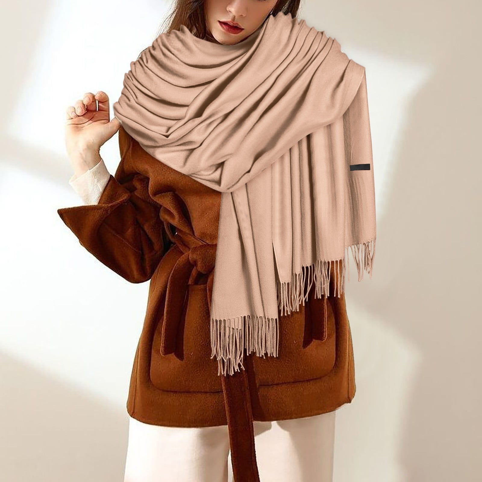 Delayuji Pashmina Scarf for Women Scarf for Women Women Pashmina Scarf Soft Solid Plain Shawl Wrap Fashion Warm Neck with Fringes A Red A Gray - Image 4