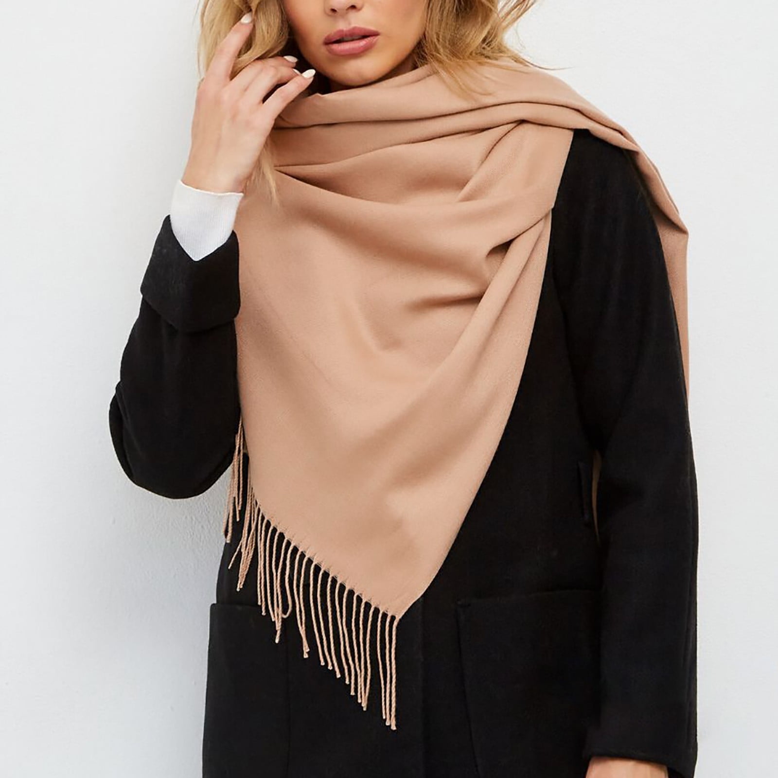 Delayuji Pashmina Scarf for Women Scarf for Women Women Pashmina Scarf Soft Solid Plain Shawl Wrap Fashion Warm Neck with Fringes A Red A Multicolor - Image 4