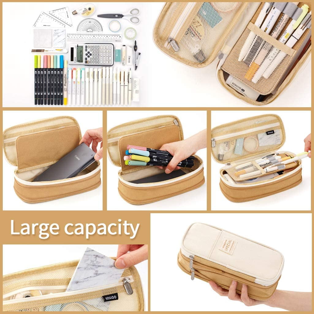 CICIMELON Big Capacity Pencil Pen Case Large Storage Pencil Bag Pouch Organizer (Purple) Khaki - Image 4
