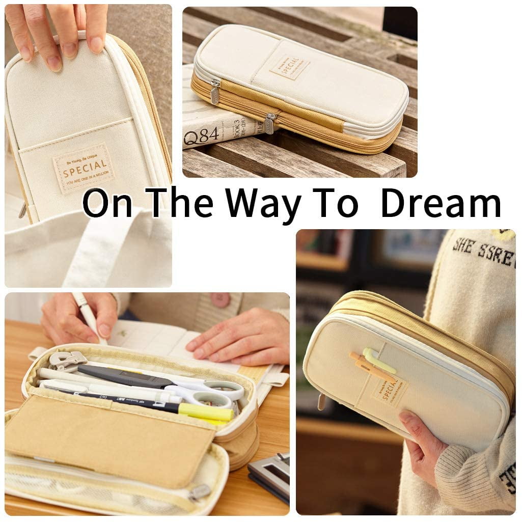 CICIMELON Big Capacity Pencil Pen Case Large Storage Pencil Bag Pouch Organizer (Purple) Khaki - Image 6