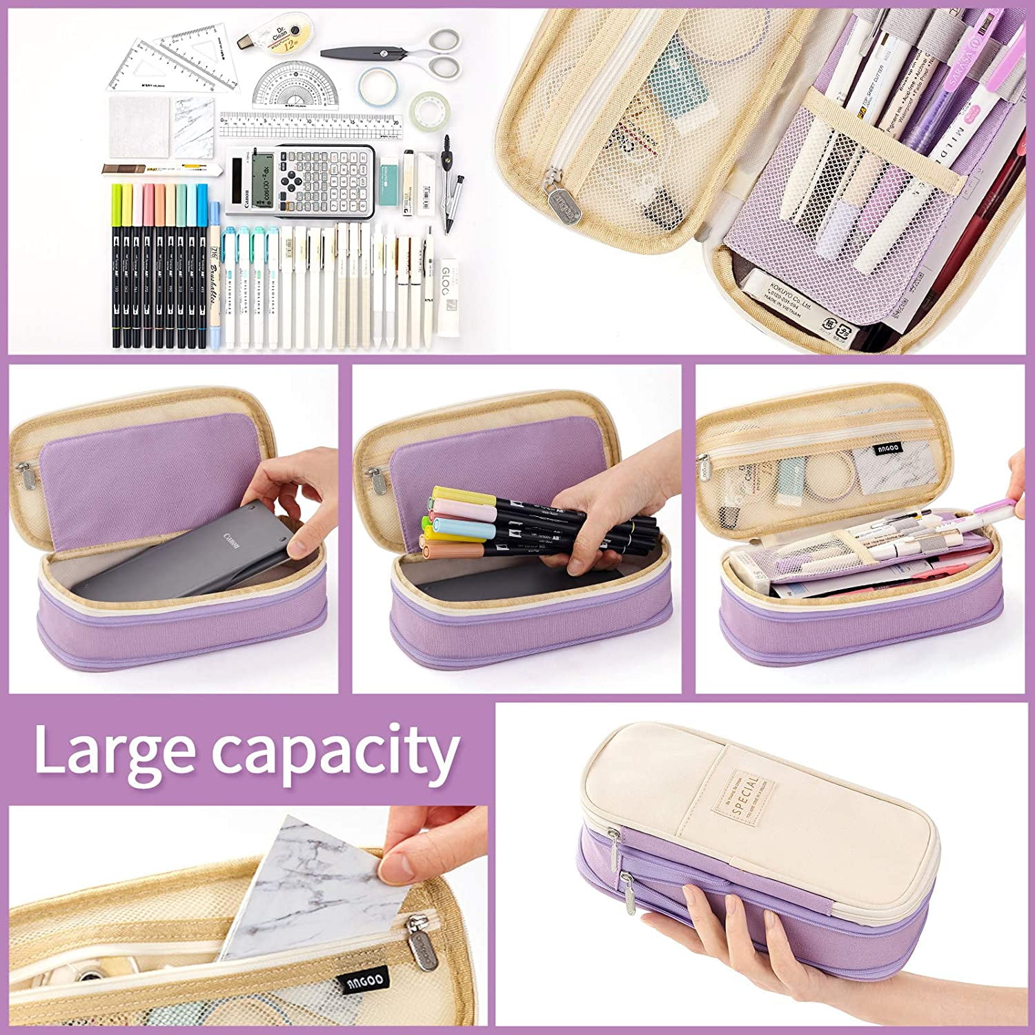 CICIMELON Big Capacity Pencil Pen Case Large Storage Pencil Bag Pouch Organizer (Purple) Purple - Image 5