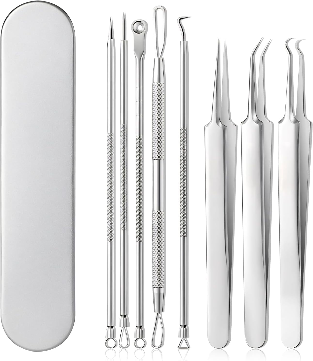 BYXAS Pimple Popper Tool Kit, 8 PCS Professional Stainless Steel Blackhead Remover Comedone Extractor Tools for Removing Zit on Face - Acne Removal Kit with Metal Case (Silver) 8PCS - Image 1