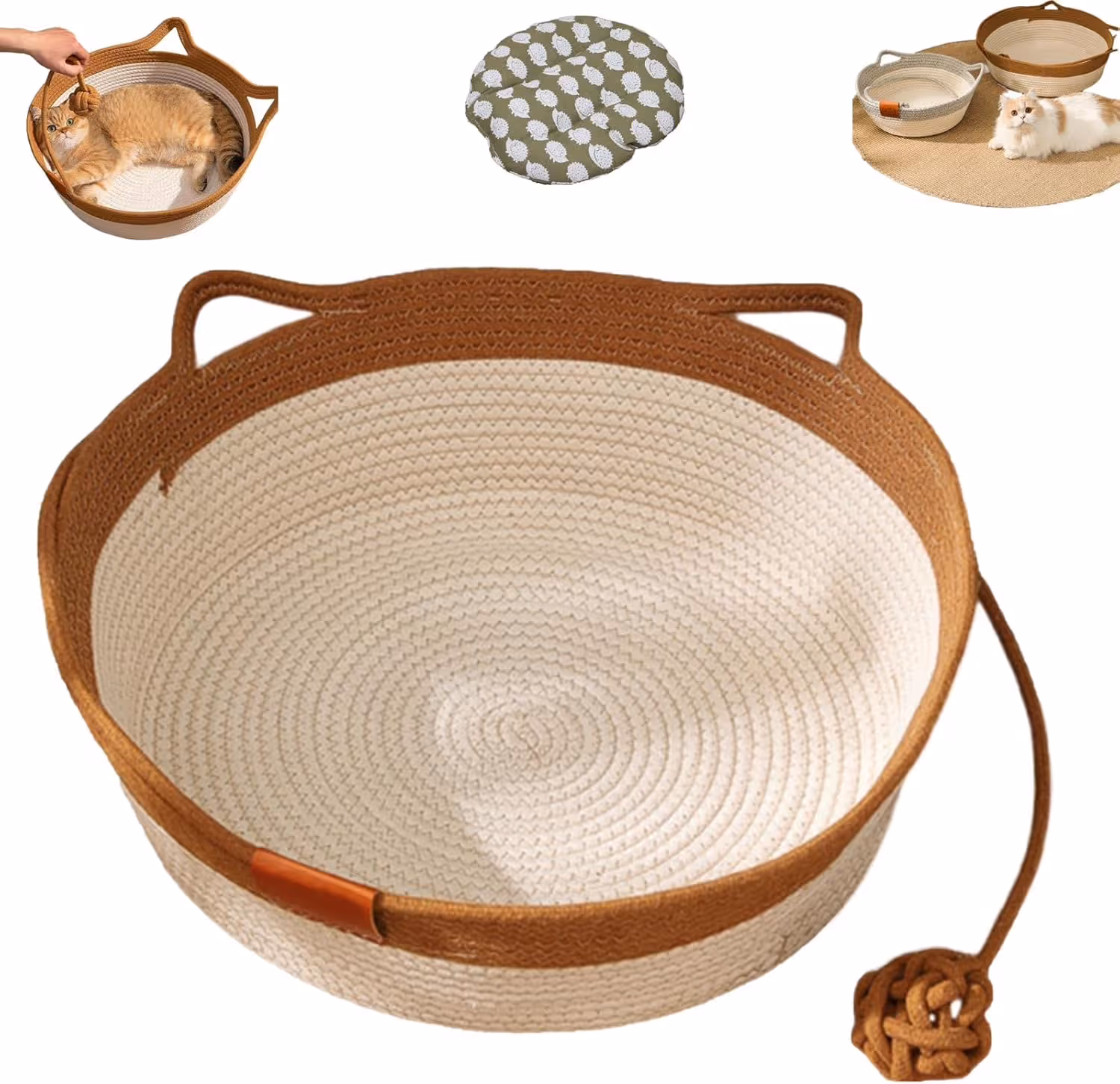 Cat Bed Rope Cotton, Cotton Rope Woven Round Cat Beds Basket with Built-in Teasing Ball, Handwoven Foldable Scratchable for Small & Large pet Brown（M） - Image 1