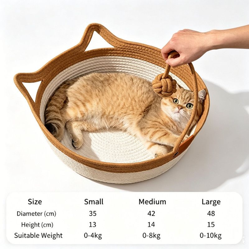 Stimulicat Cat Bed Rope Cotton, Stimuli cat Basket Bed, Cotton Rope Woven Round Cat Beds Basket with Built-in Teasing Ball, Handwoven Foldable Scratchable for Small & Large pet Brown - Image 7