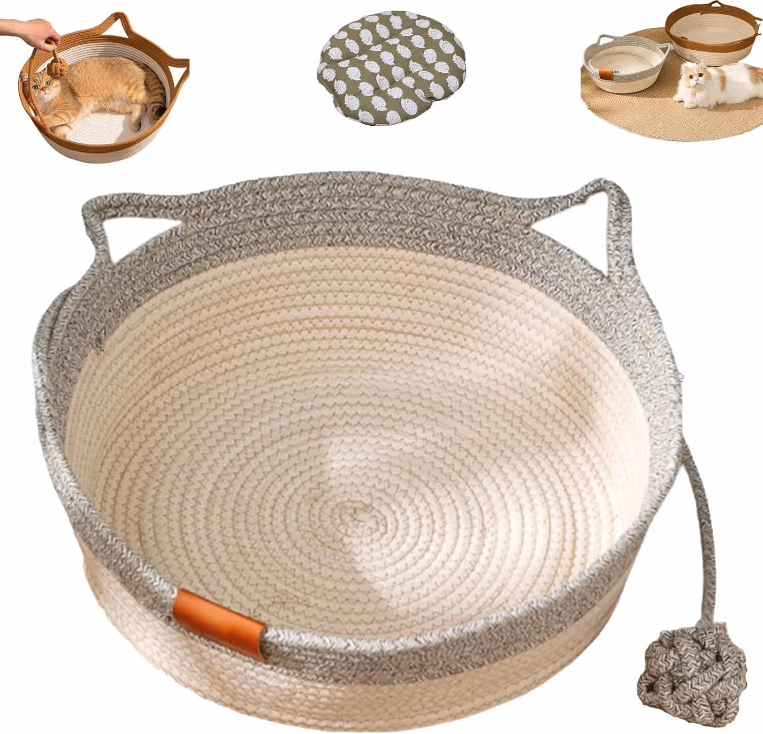 Cat Bed Rope Cotton, Cotton Rope Woven Round Cat Beds Basket with Built-in Teasing Ball, Handwoven Foldable Scratchable for Small & Large pet Gray（M） - Image 1