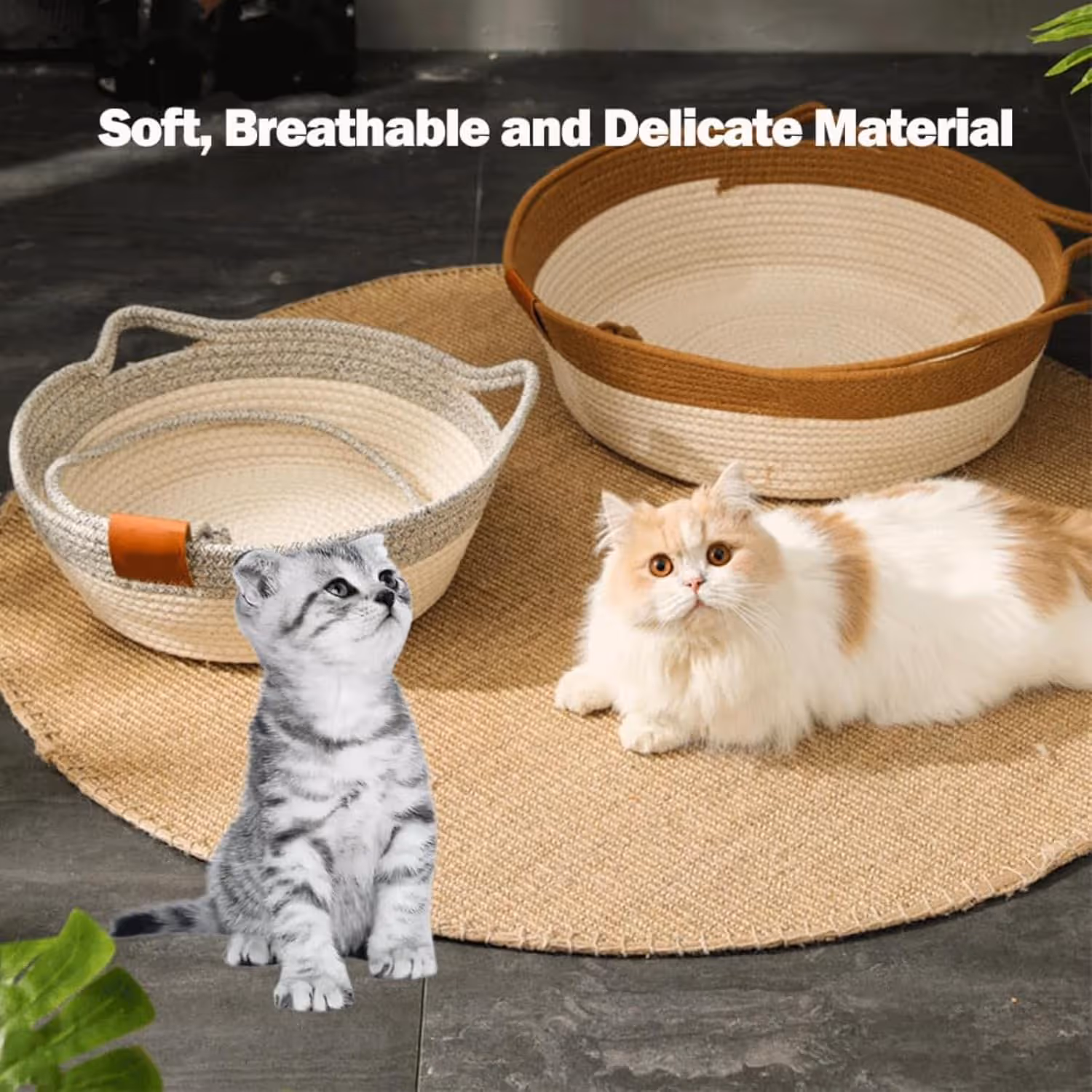 Cat Bed Rope Cotton, Cotton Rope Woven Round Cat Beds Basket with Built-in Teasing Ball, Handwoven Foldable Scratchable for Small & Large pet Gray（M） - Image 4