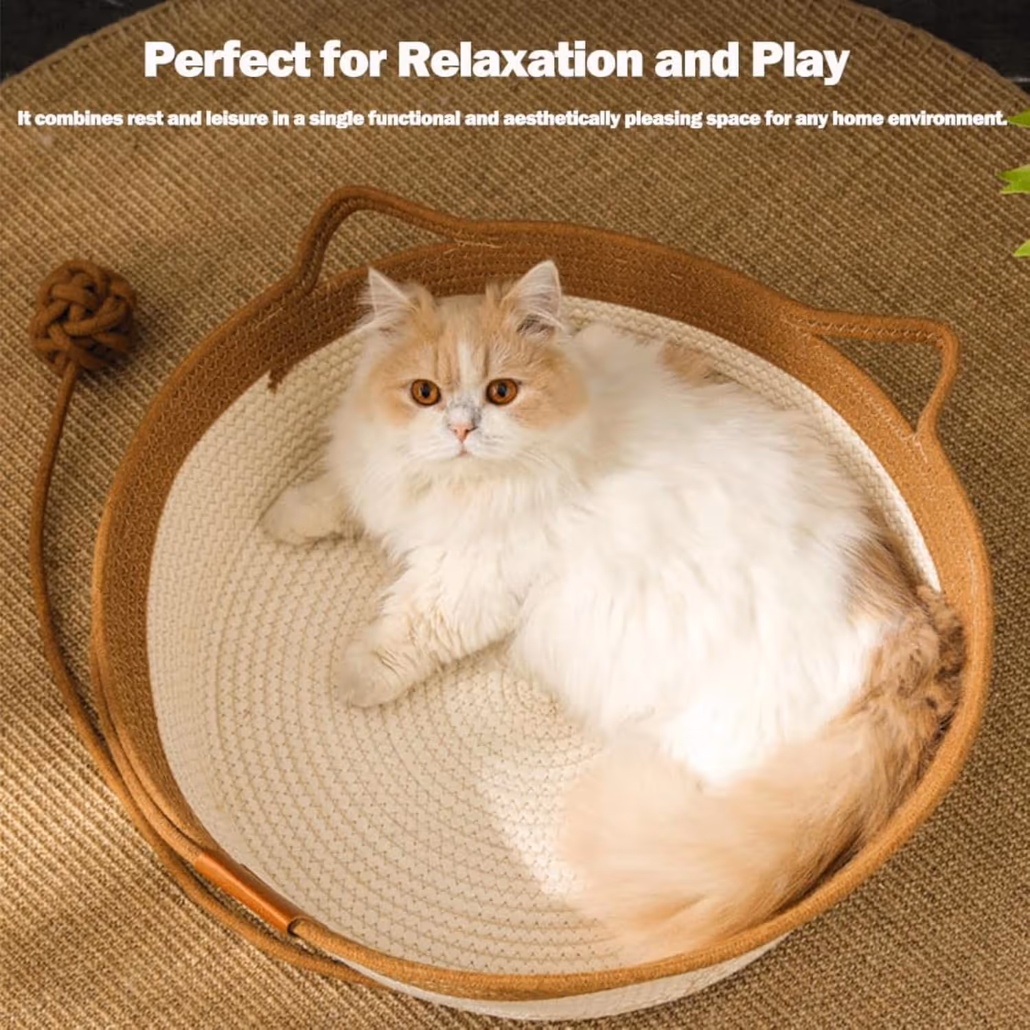 Stimulicat Cat Bed Rope Cotton, Stimuli cat Basket Bed, Cotton Rope Woven Round Cat Beds Basket with Built-in Teasing Ball, Handwoven Foldable Scratchable for Small & Large pet Gray - Image 3