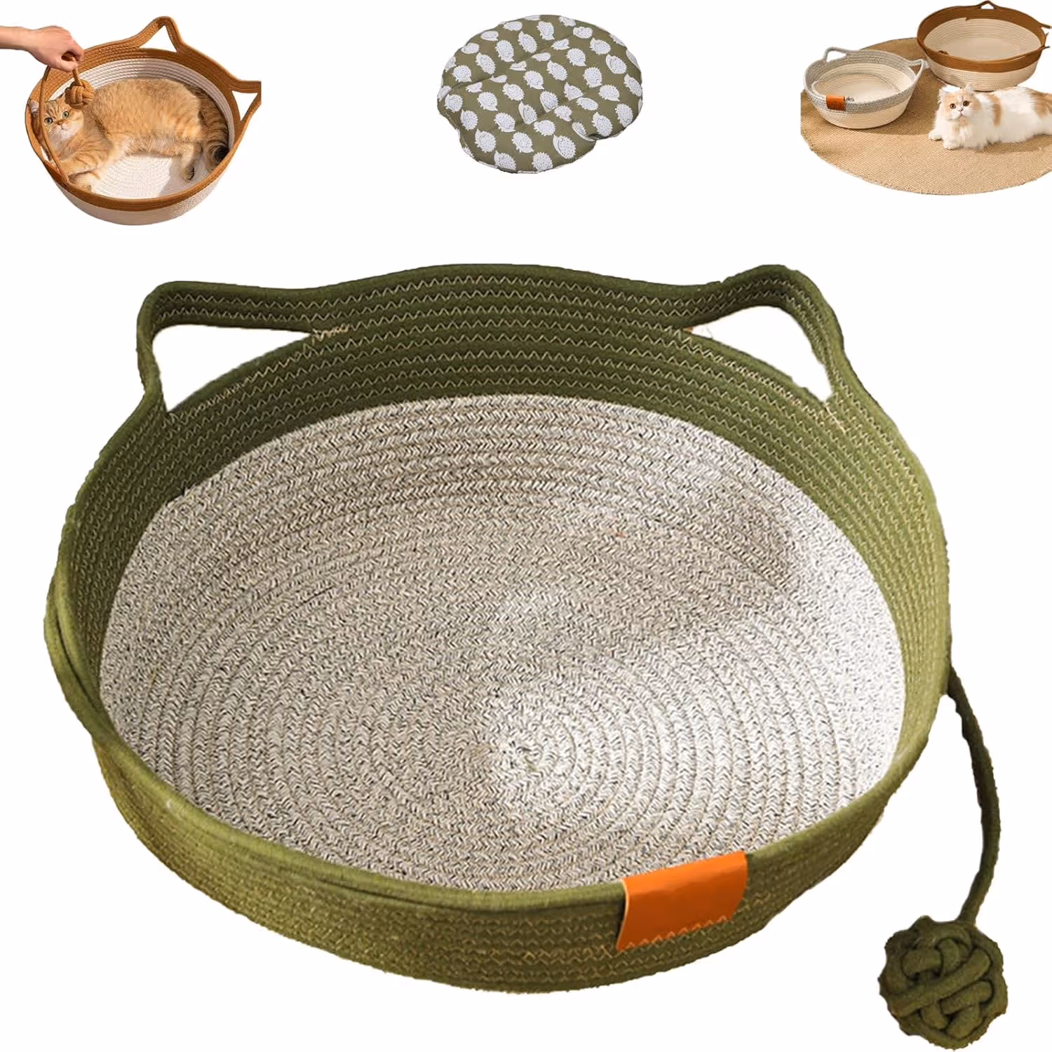 Stimulicat Cat Bed Rope Cotton, Stimuli cat Basket Bed, Cotton Rope Woven Round Cat Beds Basket with Built-in Teasing Ball, Handwoven Foldable Scratchable for Small & Large pet Green - Image 1
