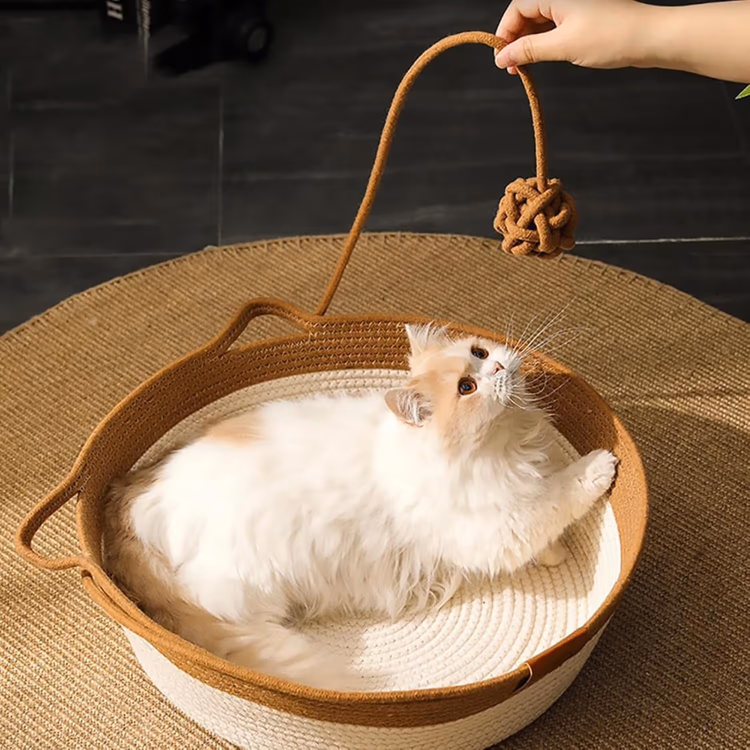 Stimulicat Cat Bed Rope Cotton, Stimuli cat Basket Bed, Cotton Rope Woven Round Cat Beds Basket with Built-in Teasing Ball, Handwoven Foldable Scratchable for Small & Large pet Green - Image 5