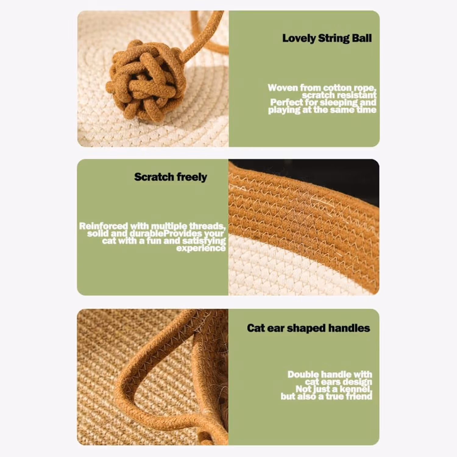 Stimulicat Cat Bed Rope Cotton, Stimuli cat Basket Bed, Cotton Rope Woven Round Cat Beds Basket with Built-in Teasing Ball, Handwoven Foldable Scratchable for Small & Large pet Green - Image 6