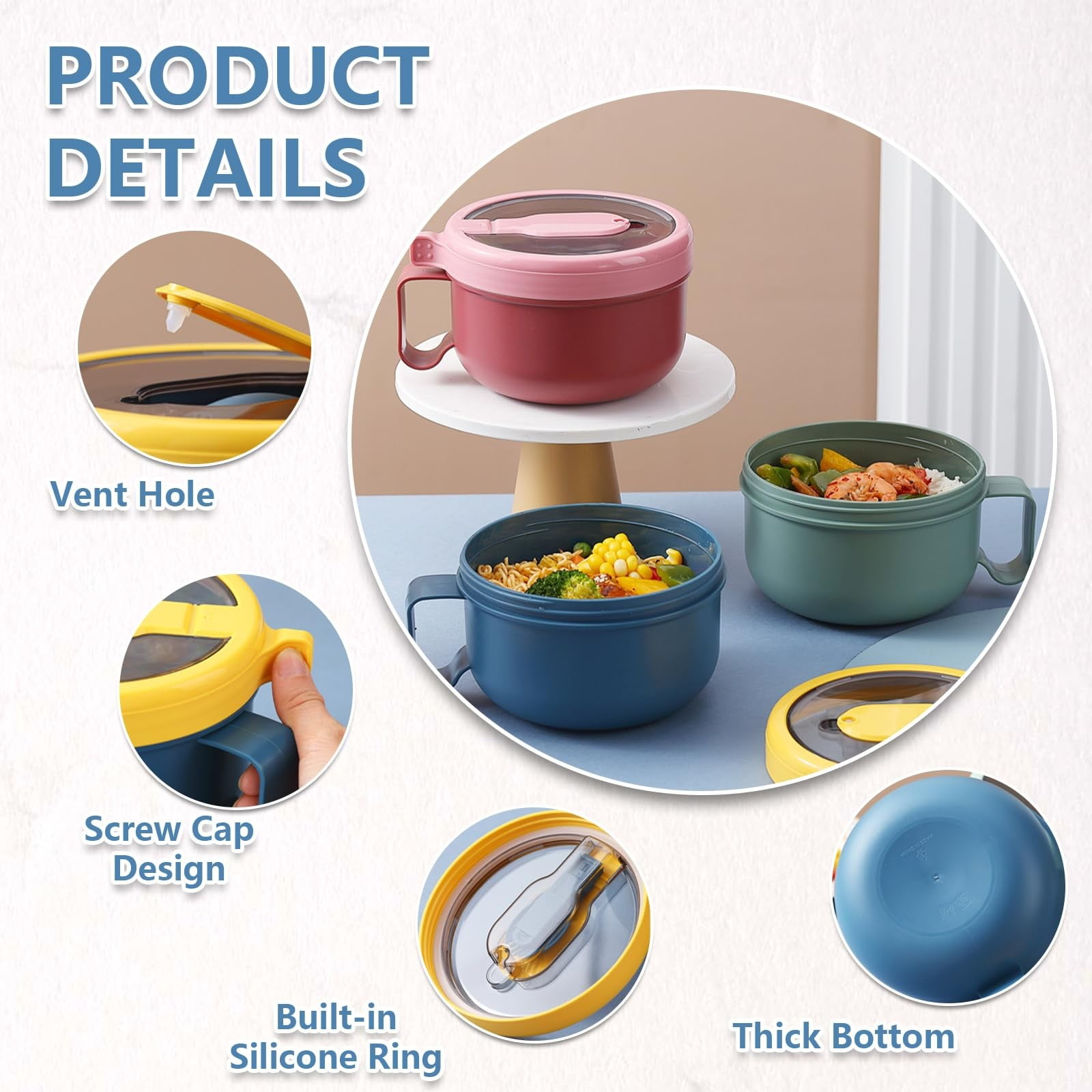 Ramen BBlueowl, Soup Bowls, Microwave Ramen Bowl with Lid, Lunch Box with Lid, Durable and Heat Resistant Bowl for Noodles, Rice, and Soups, Perfect for Home, Office, or School Meals， Z1_Blue - Image 6