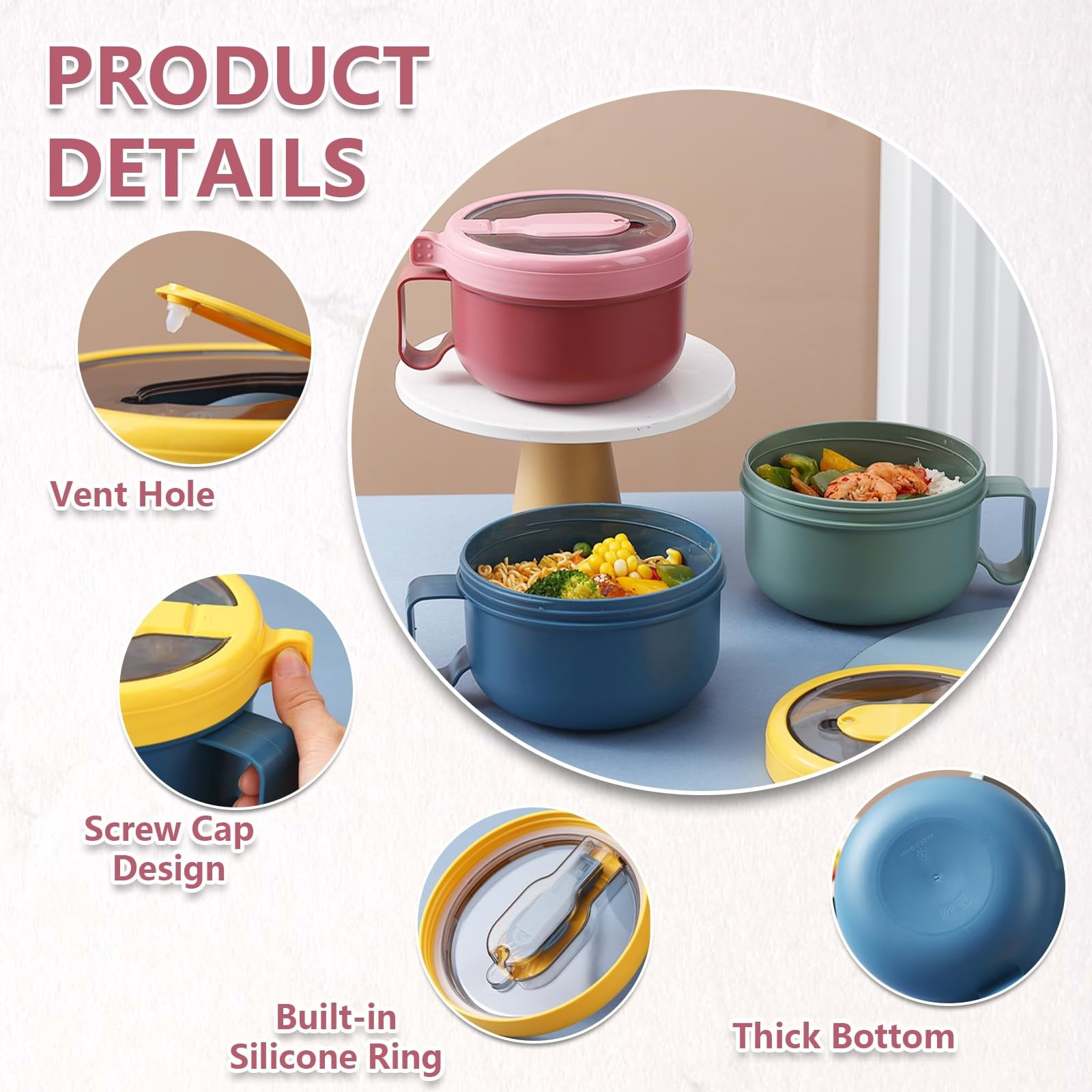 Ramen BBlueowl, Soup Bowls, Microwave Ramen Bowl with Lid, Lunch Box with Lid, Durable and Heat Resistant Bowl for Noodles, Rice, and Soups, Perfect for Home, Office, or School Meals， Z3_Red - Image 6