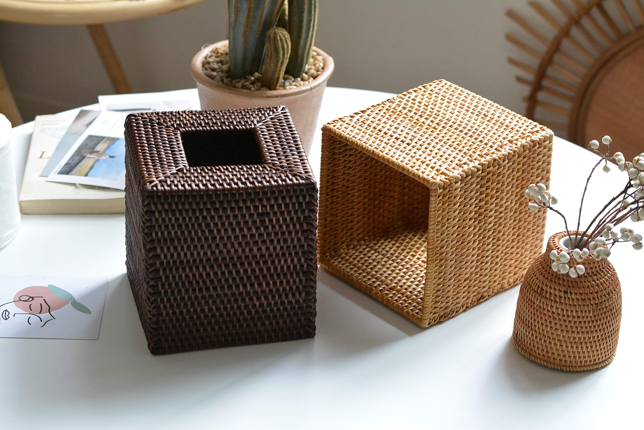 [Gazdag]Rattan Tissue Box Cover Square, Hand Woven Wicker Tissue Holder, 5.5 x 5.5 X 5.7 inch, Natural - Image 3