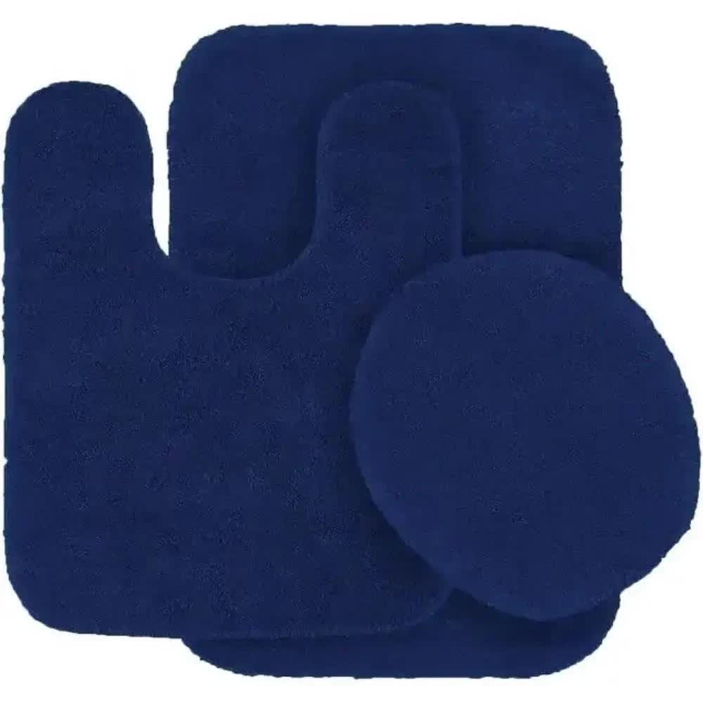 Gorgeous Home Linen Bathroom 6 Modern Solid Print 3-Count Grey Polyester Bath Rugs, 18 x 28, Non-Slip Backing Navy Blue - Image 1