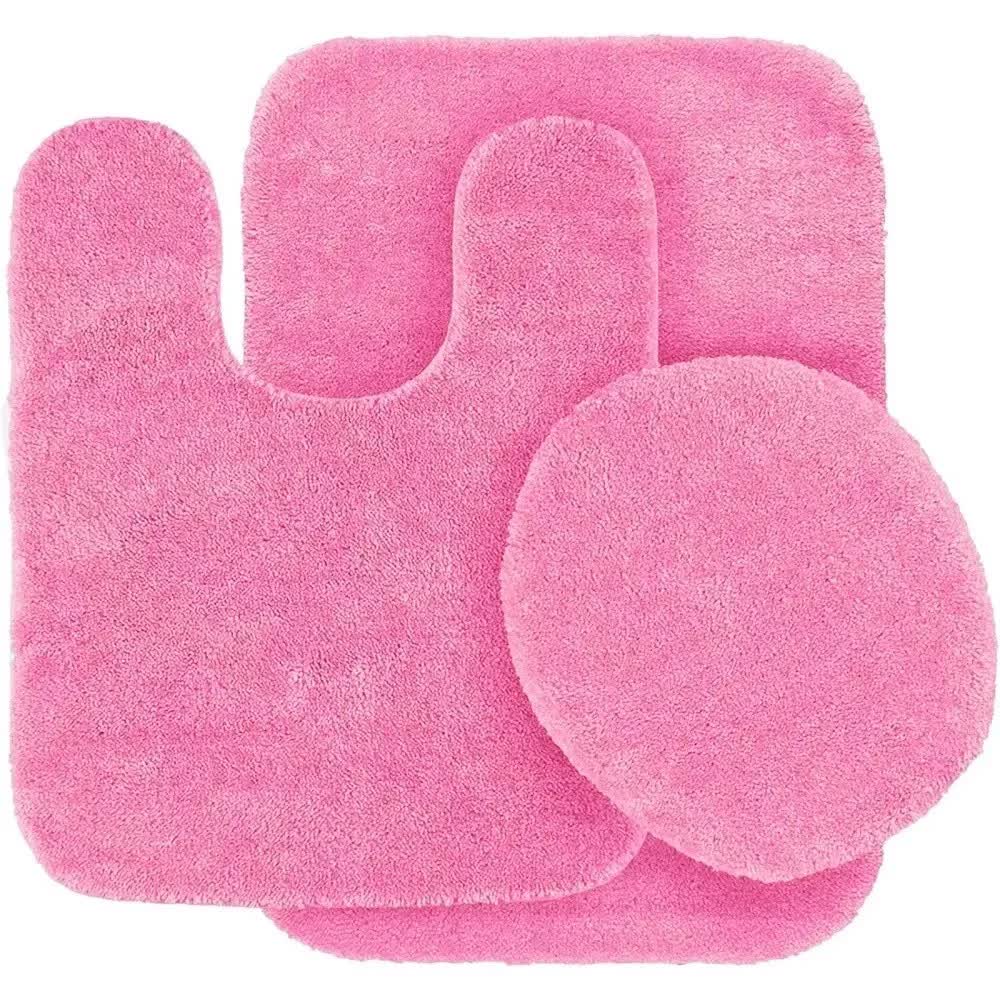 Gorgeous Home Linen Bathroom 6 Modern Solid Print 3-Count Grey Polyester Bath Rugs, 18 x 28, Non-Slip Backing Pink - Image 1