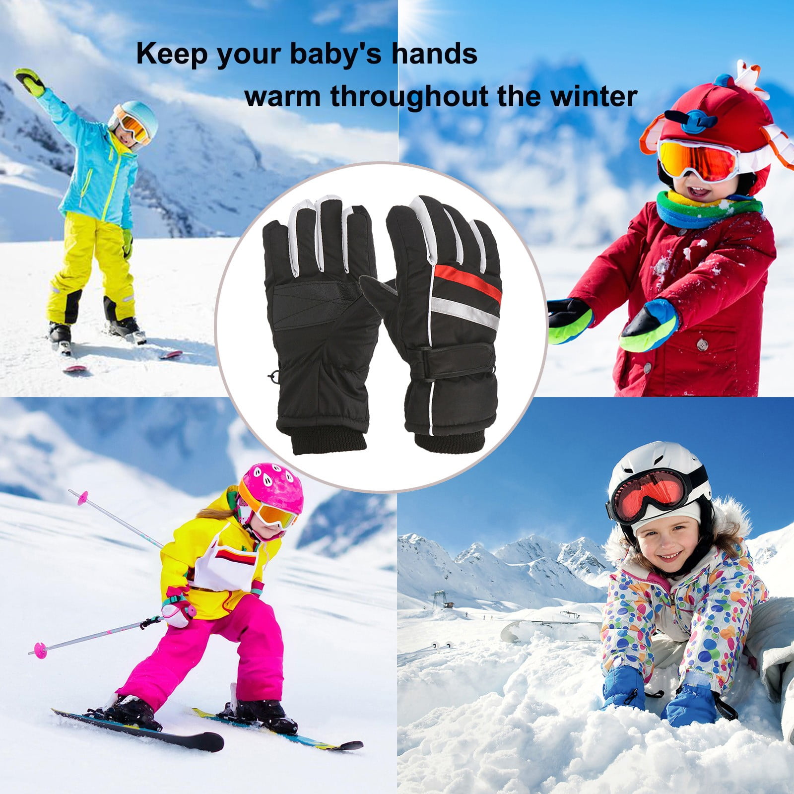 TAIAOJING Kids Winter Snow Ski Gloves Kids Winter Warm Windproof Cold Weather Outdoor Sports Gloves For Boys Girls Snow Gloves Ski Gloves One Size Z2 Black - Image 4