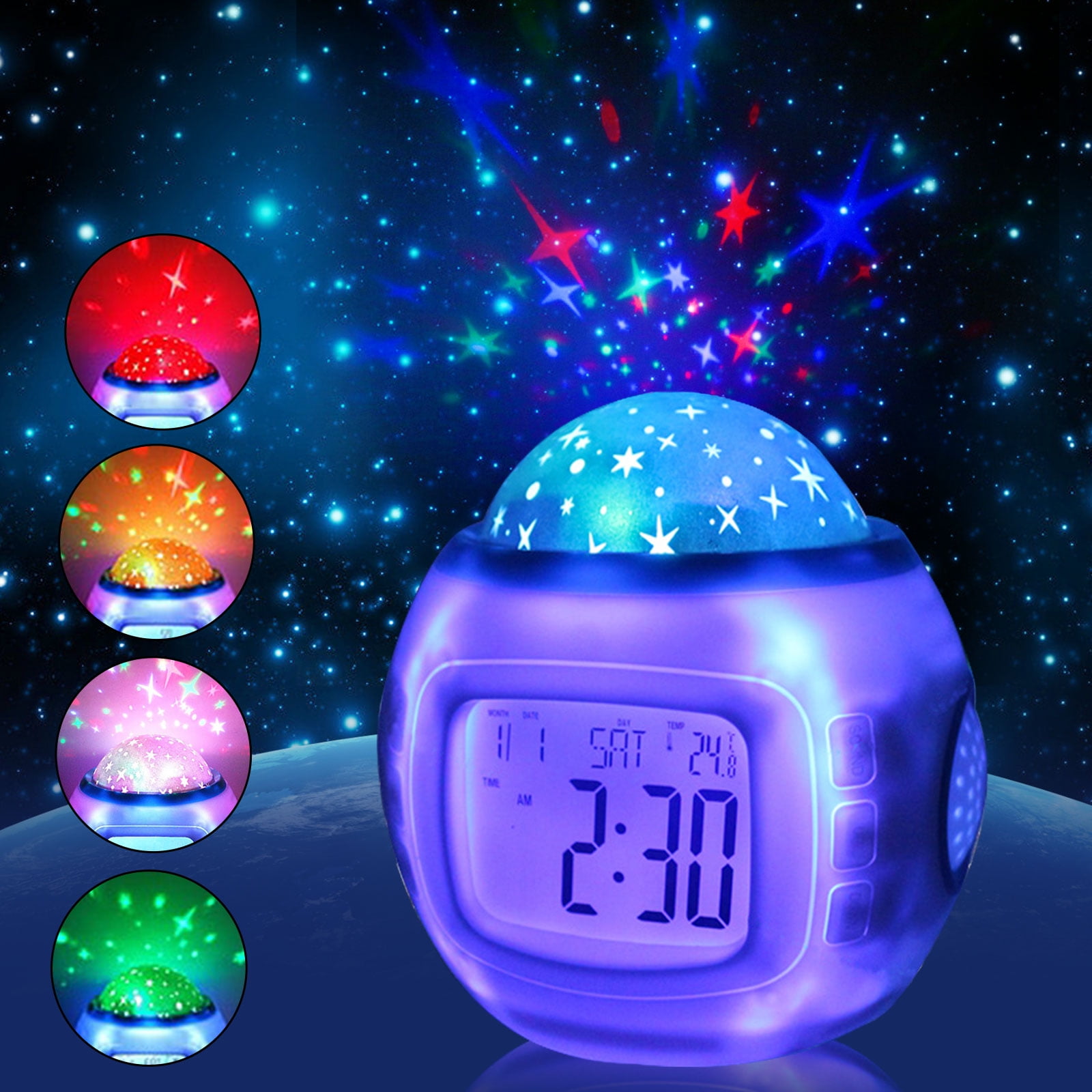 Alarm Clock, Kids Sleep Clock Starry Sky Night Light Star Projection Clock, Music Digital Clock with Backlight LED Night Light Calendar & Thermometer for Kids Boys Girls Children Bedroom Party - Image 1