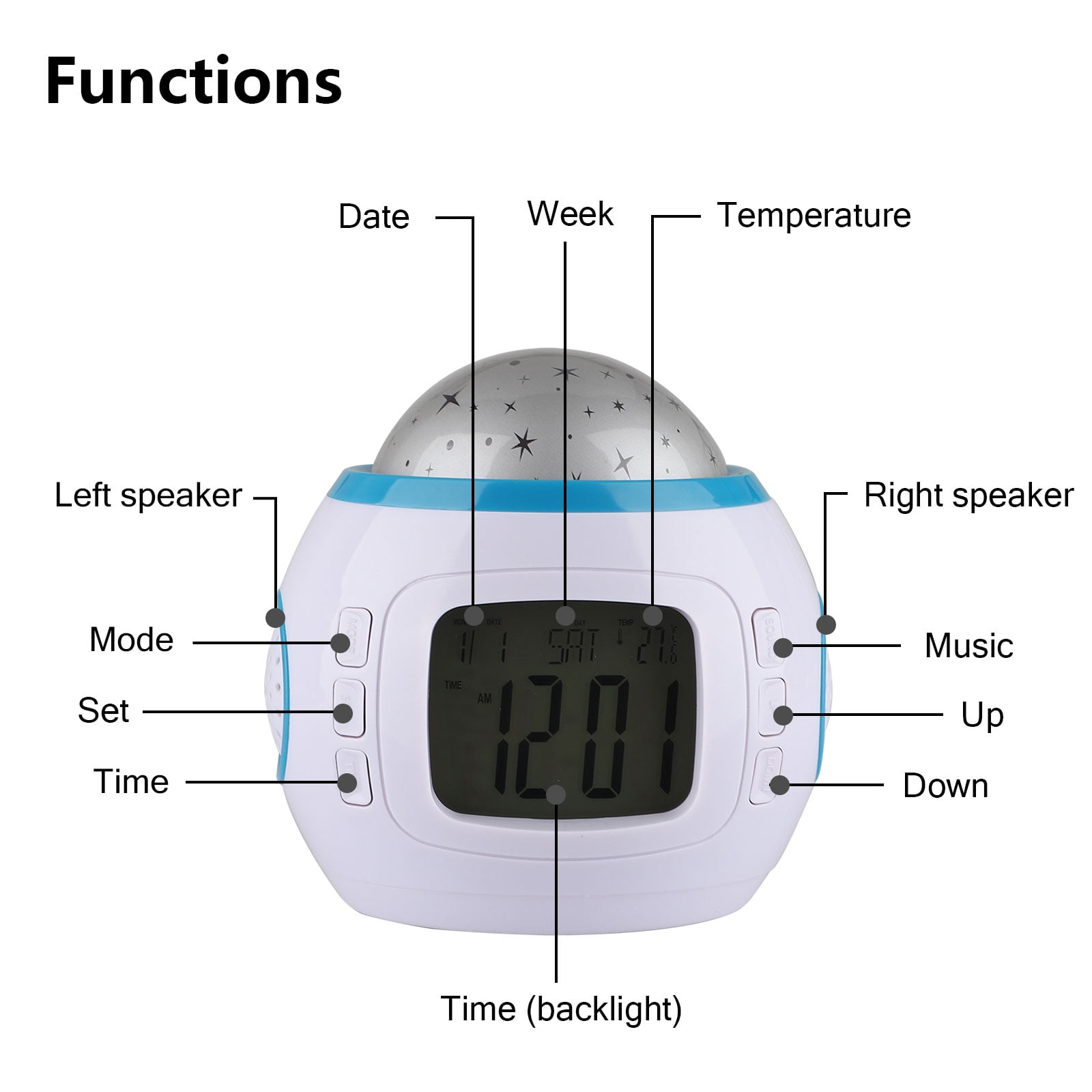 Alarm Clock, Kids Sleep Clock Starry Sky Night Light Star Projection Clock, Music Digital Clock with Backlight LED Night Light Calendar & Thermometer for Kids Boys Girls Children Bedroom Party - Image 3