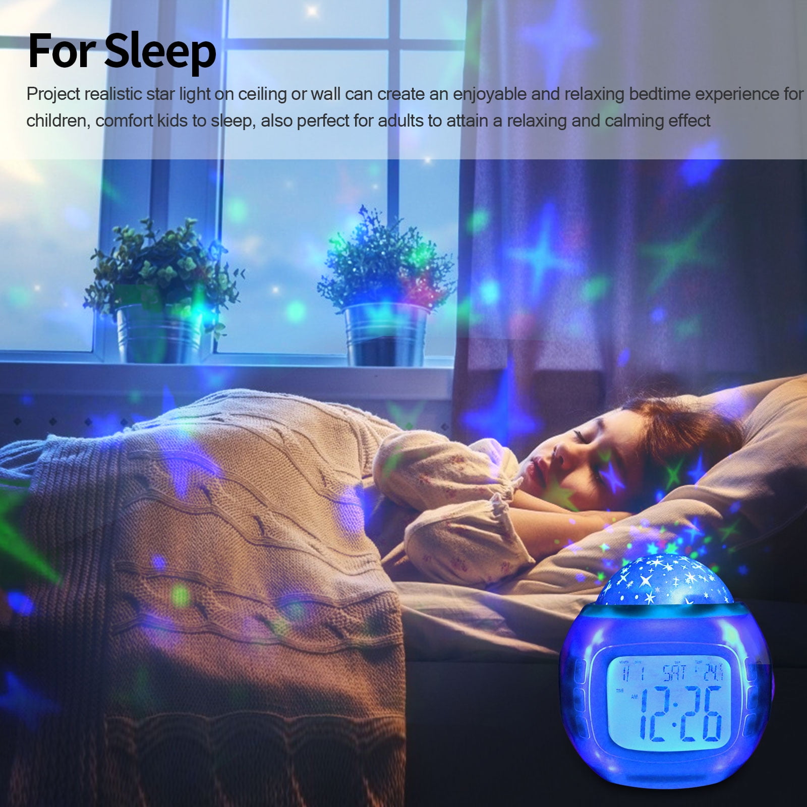 Alarm Clock, Kids Sleep Clock Starry Sky Night Light Star Projection Clock, Music Digital Clock with Backlight LED Night Light Calendar & Thermometer for Kids Boys Girls Children Bedroom Party - Image 4