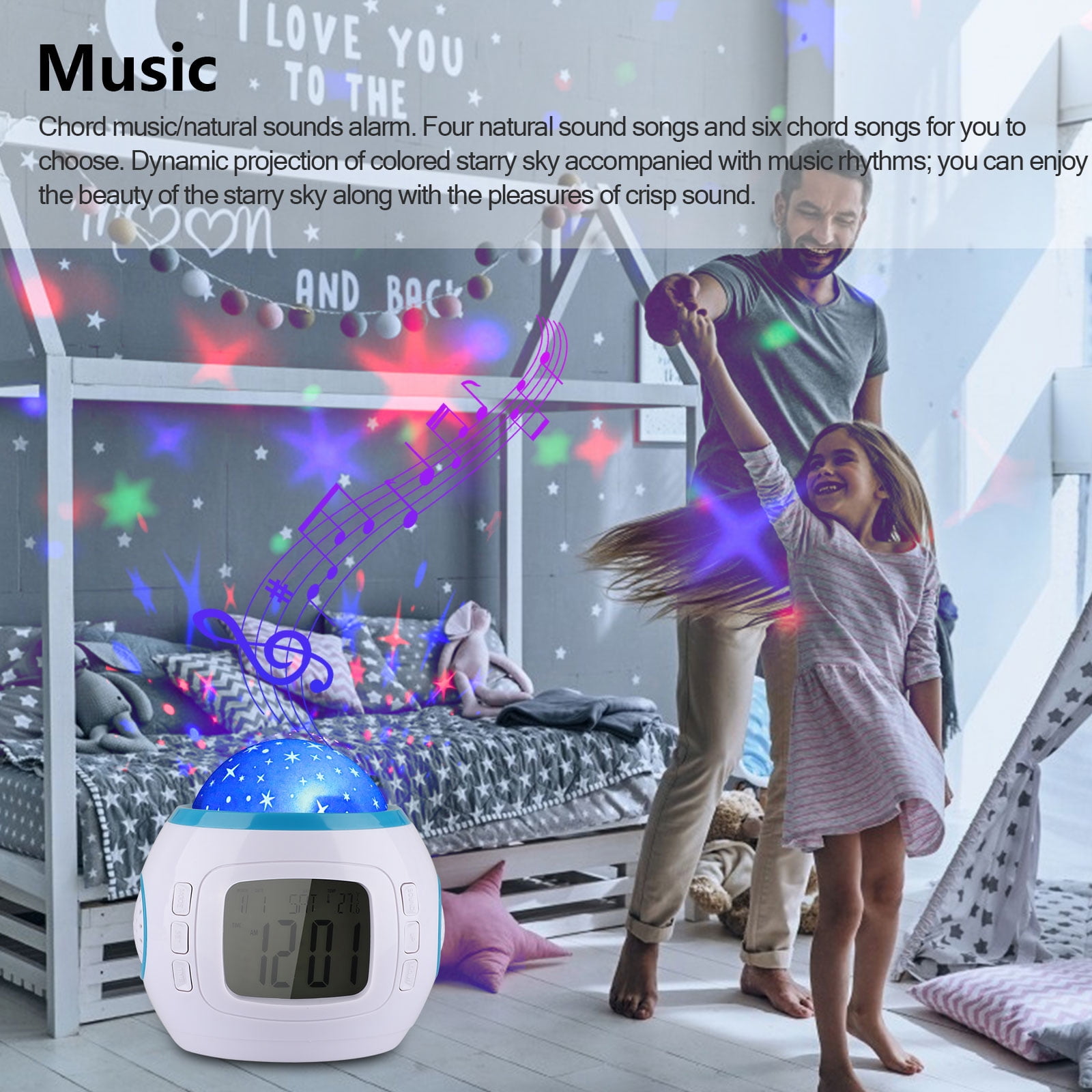 Alarm Clock, Kids Sleep Clock Starry Sky Night Light Star Projection Clock, Music Digital Clock with Backlight LED Night Light Calendar & Thermometer for Kids Boys Girls Children Bedroom Party - Image 7