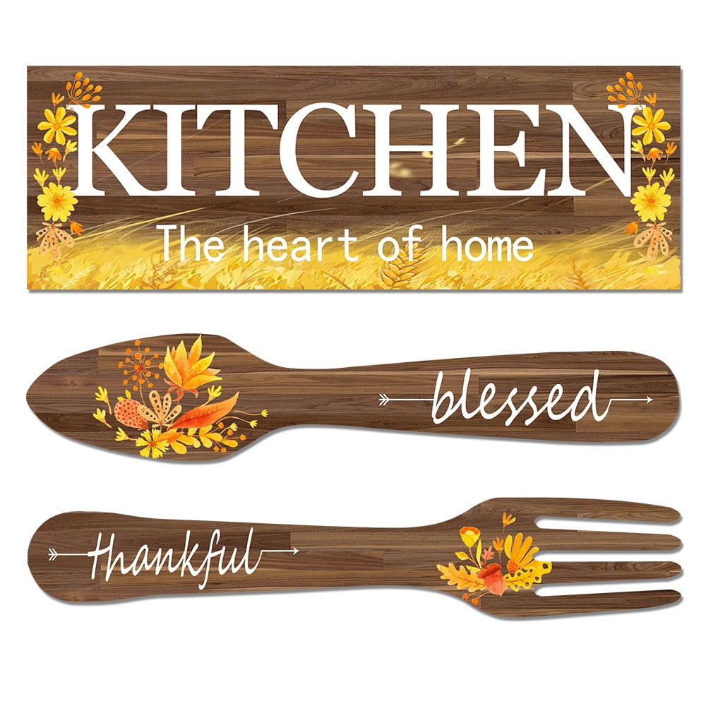 3 Pieces Sunflower Kitchen Decor Spring Decorations Blessed Thankful Wooden Hanging Sign Sunflower Gifts Wall Art Decor Farmhouse Summer Home Decor for Kitchen Brown - Image 1
