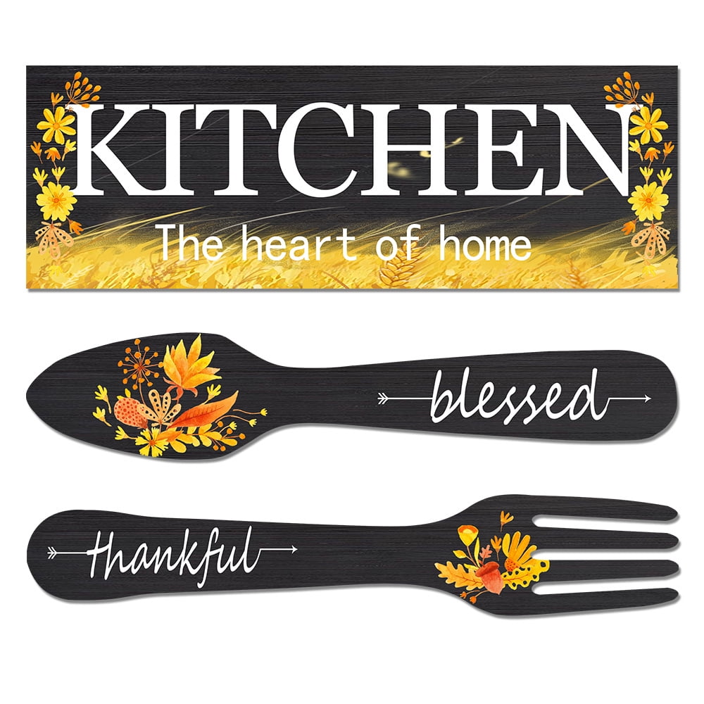 3 Pieces Sunflower Kitchen Decor Spring Decorations Blessed Thankful Wooden Hanging Sign Sunflower Gifts Wall Art Decor Farmhouse Summer Home Decor for Kitchen black - Image 1