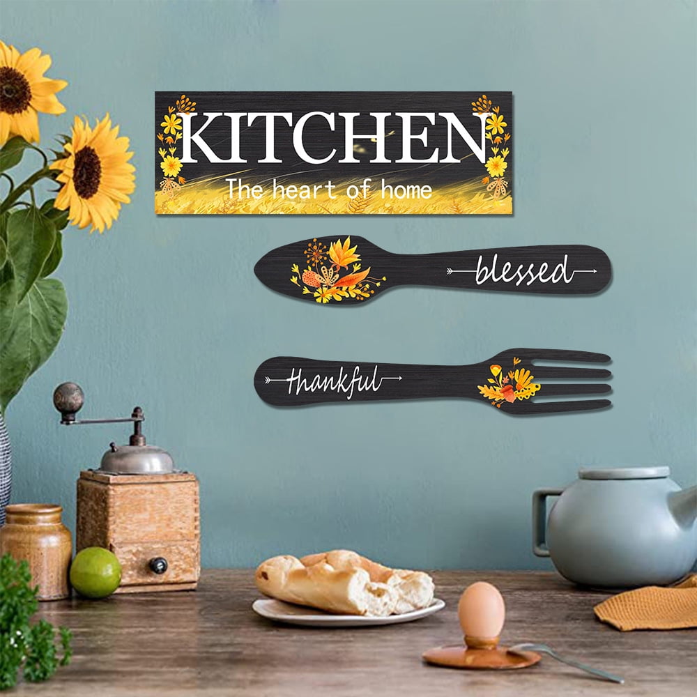 3 Pieces Sunflower Kitchen Decor Spring Decorations Blessed Thankful Wooden Hanging Sign Sunflower Gifts Wall Art Decor Farmhouse Summer Home Decor for Kitchen black - Image 7