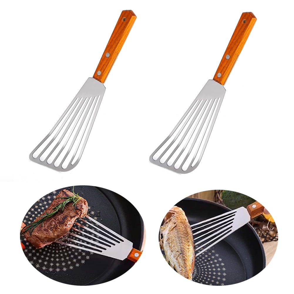 SPRING PARK 2Pcs/Set Wooden Handle Fish Spatula Stainless Steel Large Slotted Turner Heavy Spatula Nonstick Fried Shovel For Kitchen Steak Metal Cookie Flipper Egg Cookie Omelette - Image 1