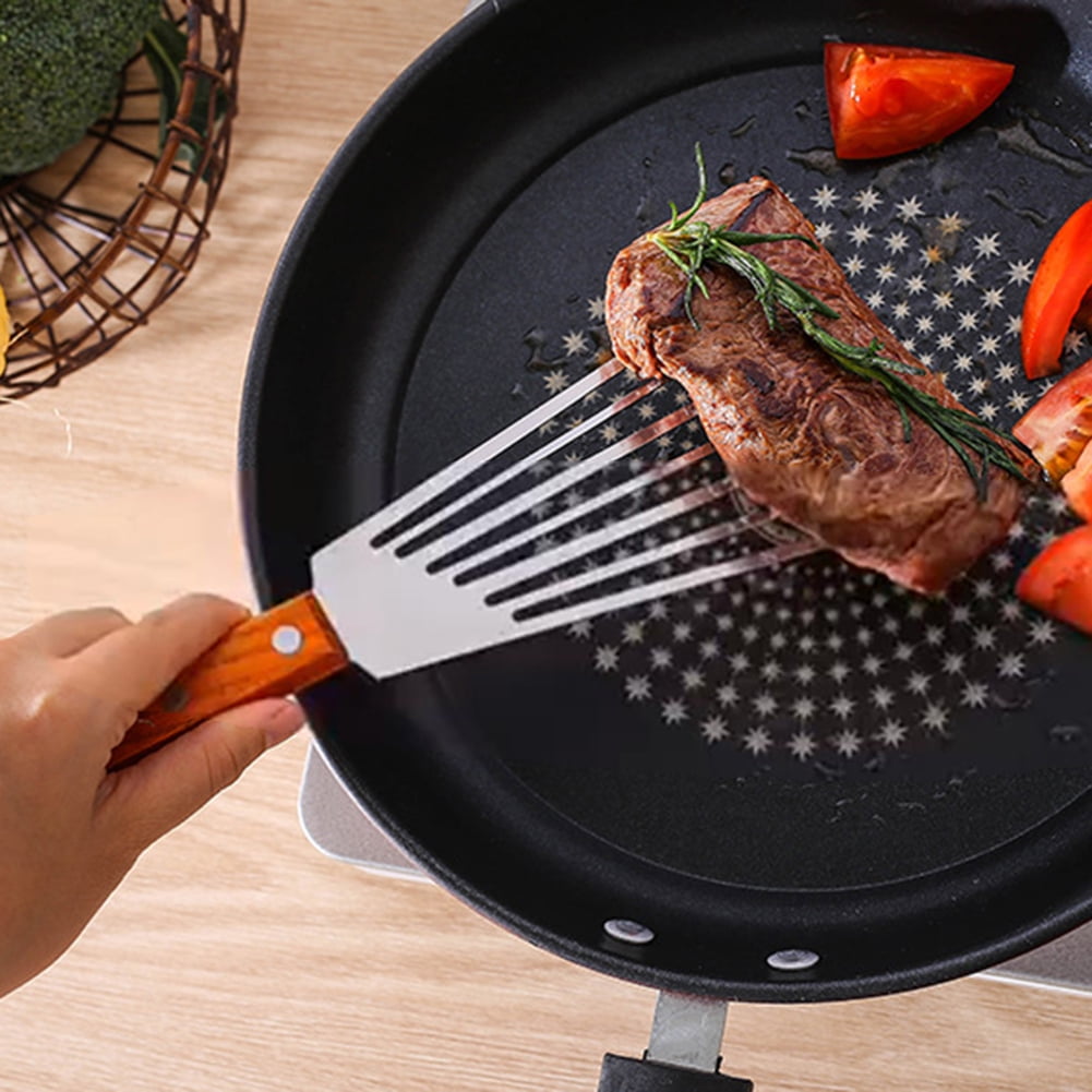 SPRING PARK 2Pcs/Set Wooden Handle Fish Spatula Stainless Steel Large Slotted Turner Heavy Spatula Nonstick Fried Shovel For Kitchen Steak Metal Cookie Flipper Egg Cookie Omelette - Image 3