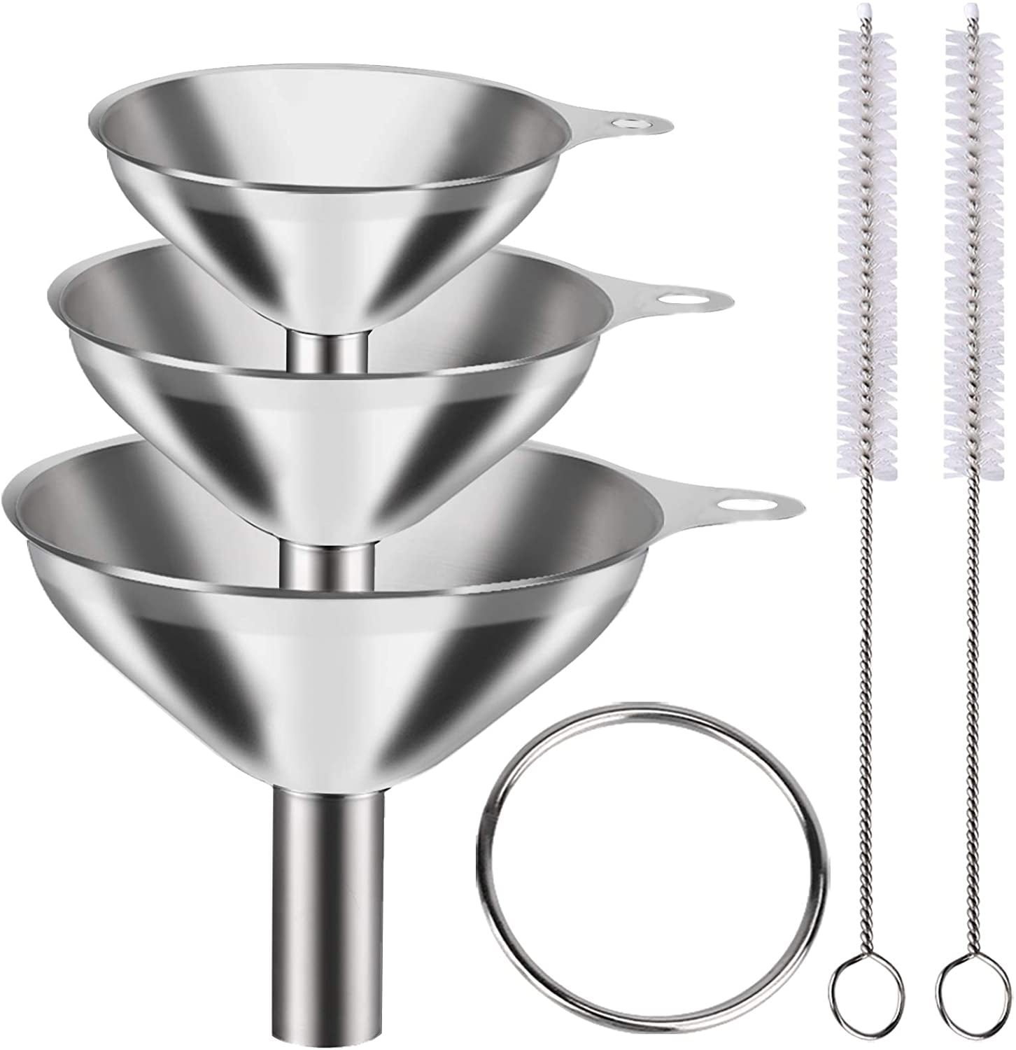 4 Pcs Metal Stainless Steel Funnel, Large Small Funnel Set of 3, Food Grade Mini Funnels for Kitchen Use Filling Bottles Liquor Flask Tiny Spice Cooking Powder Water Silver - Image 1