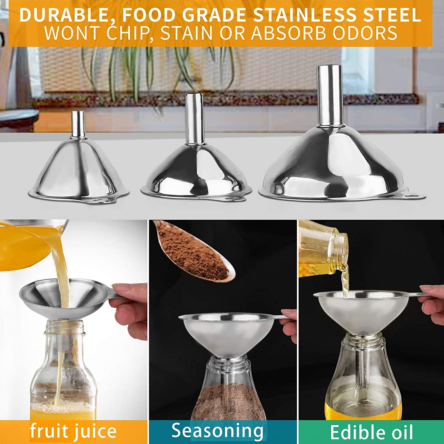 4 Pcs Metal Stainless Steel Funnel, Large Small Funnel Set of 3, Food Grade Mini Funnels for Kitchen Use Filling Bottles Liquor Flask Tiny Spice Cooking Powder Water Silver - Image 4