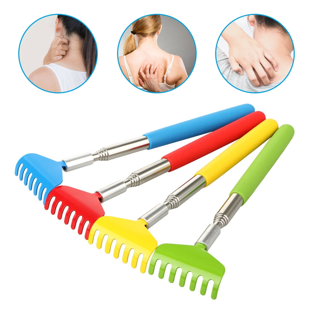 GLUAAE Retractable Telescoping Back Scratchers Stainless Steel with Non Slip Handle Extends 27 Inches Assorted Colors 4-pack Blue,Yellow,Red,Green - Image 1