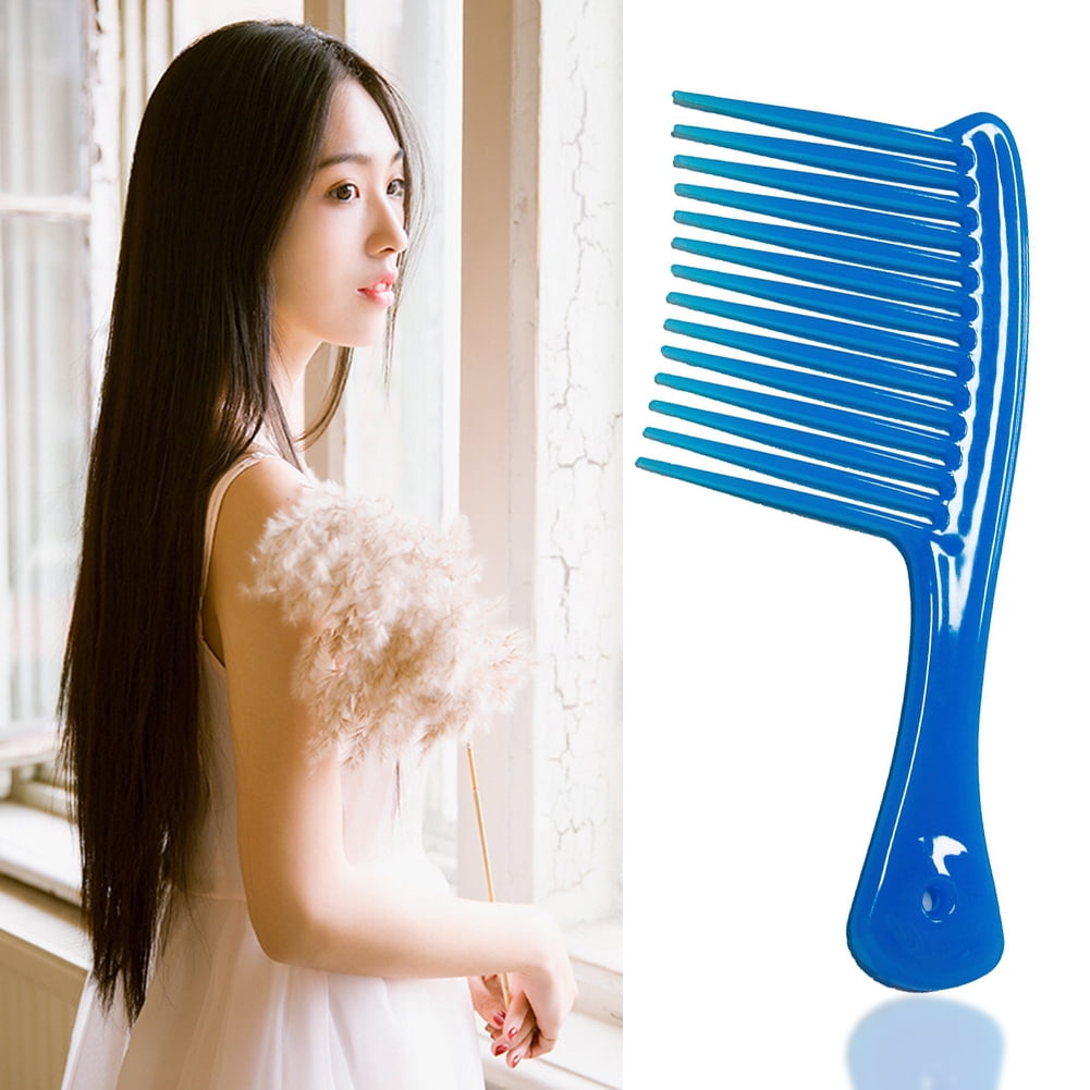 Large Wide Tooth Comb Handle Detangling Reduce Hair Loss Brush Tool (Black) Blue - Image 5