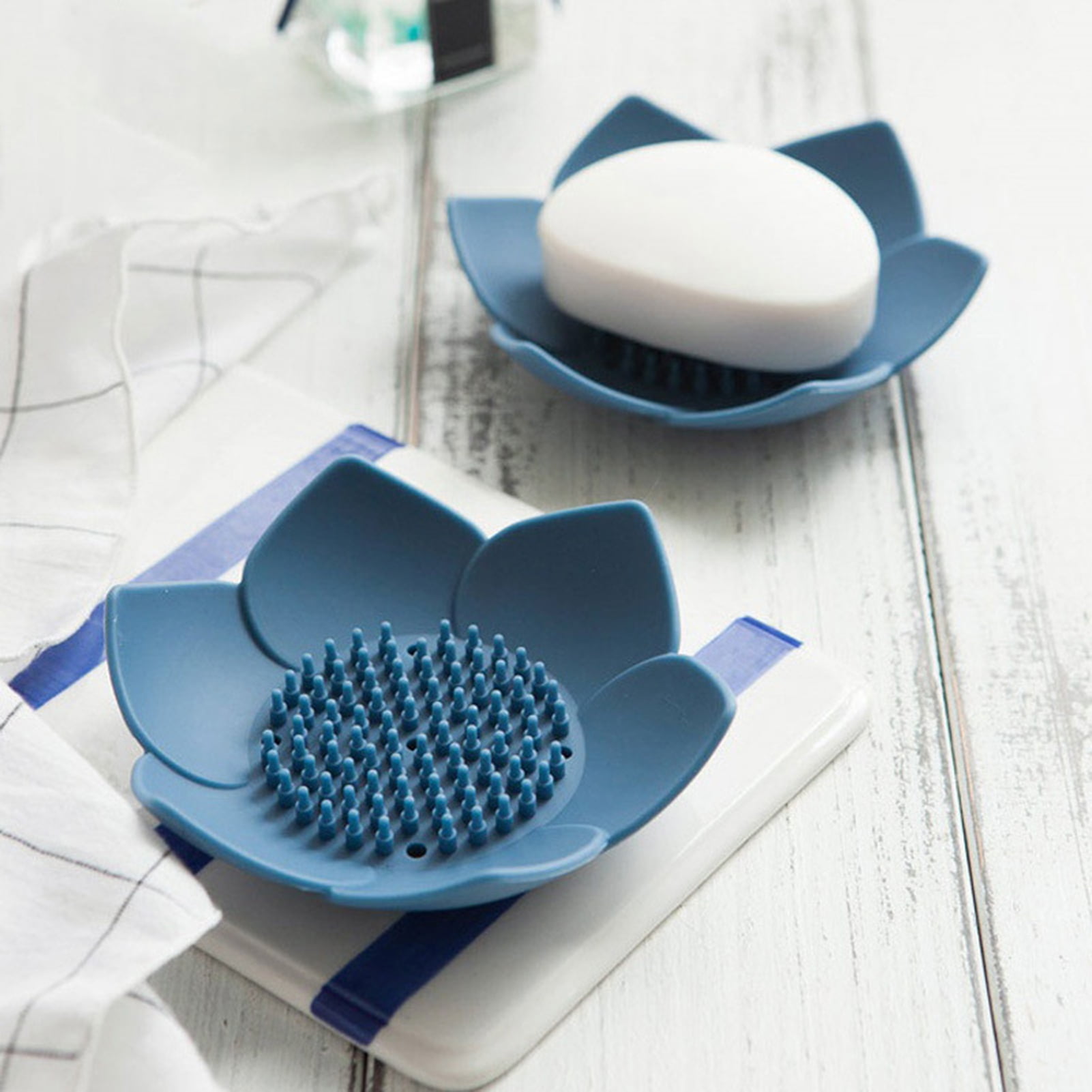 Silicone Soap Dishes with Draining - Lotus Shaped Bathroom Bar Soap Holder for Shower - Soap Tray for Kitchen Sink - Floral Shape Soap Saver for Counter Bathtub(1/4 Pack) Blue - Image 4